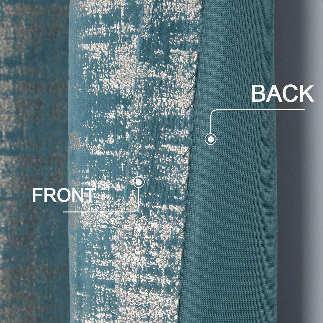 Always4u Soft Velvet Curtains 84 Inch Length - Luxury Blackout Curtains with Gold Foil Print for Bedroom & Living Room - Thermal Insulated Window Treatments (Set of 2, Teal) - Perfect for Home Decor, Privacy & Light Control