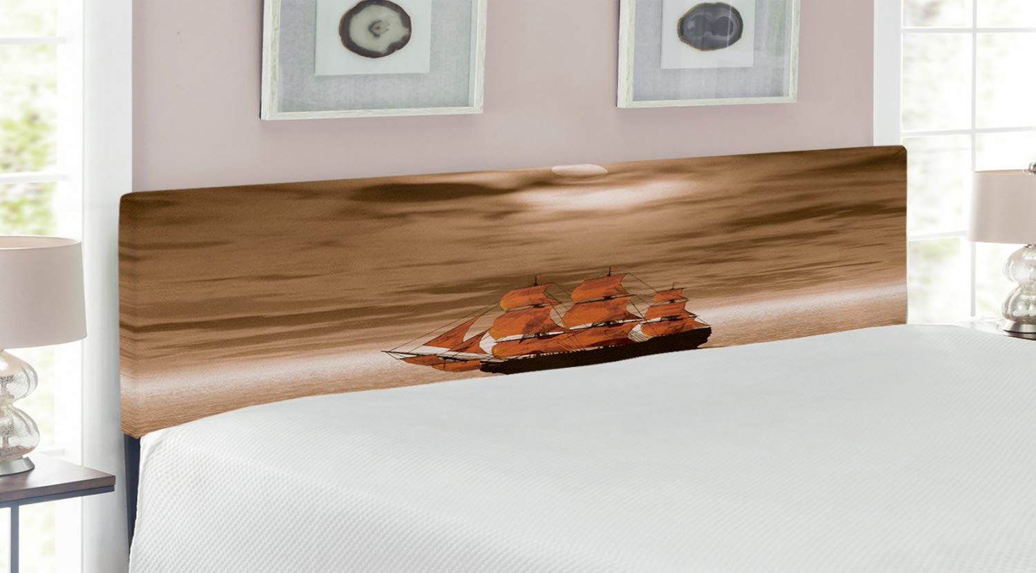 Ambesonne Nautical King Size Headboard - Weathered Ship Design with Memory Foam for Bedroom Decor | Maritime Themed Upholstered Metal Headboard in Pale Brown Amber | Perfect for Coastal, Beach House or Sailor Theme Bedrooms