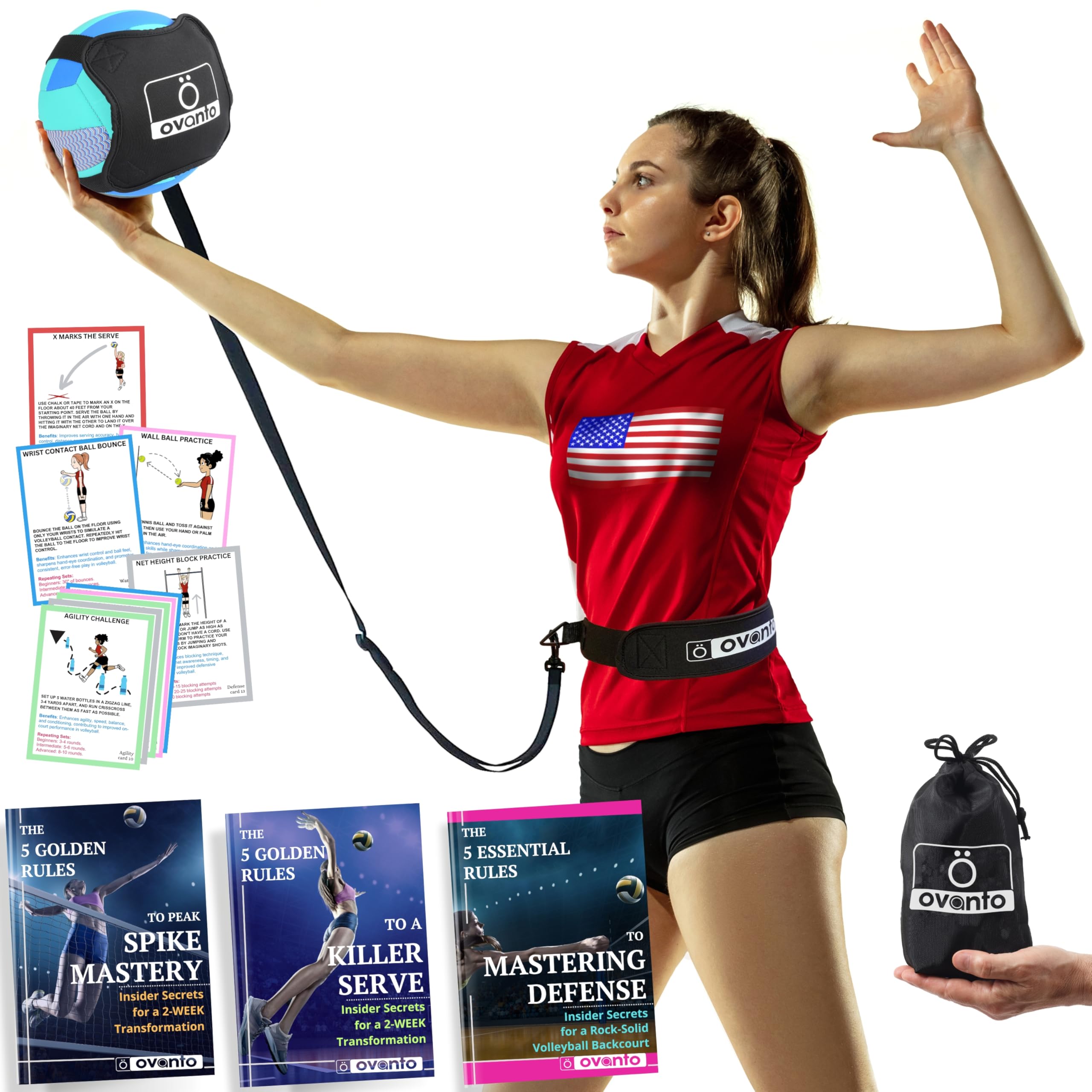 OVANTO Volleyball Training Equipment Set - 4 Styles for Serving, Spiking, Setting & Passing Practice - Adjustable Volleyball Trainer for Beginners & Pros - Perfect for Indoor/Outdoor Court Drills & Solo Practice Sessions