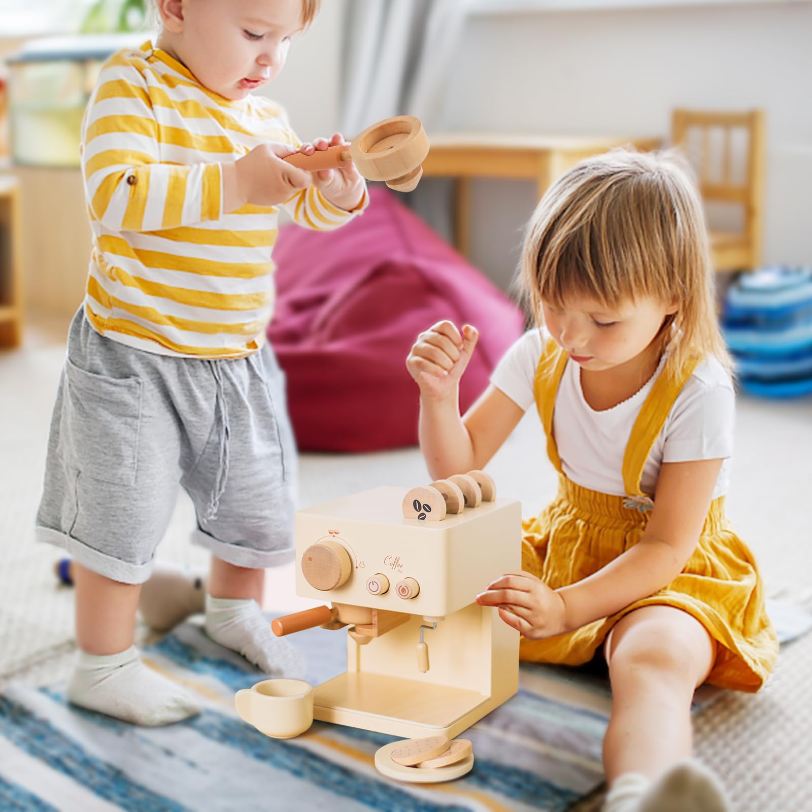 ibwaae Kids Coffee Maker Toy Set - 10Pcs Wooden Pretend Play Kitchen Accessories with Play Food for Toddlers | Pretend Barista & Cooking Role Play for Boys & Girls | Perfect for Birthday Gifts & Early Learning Development