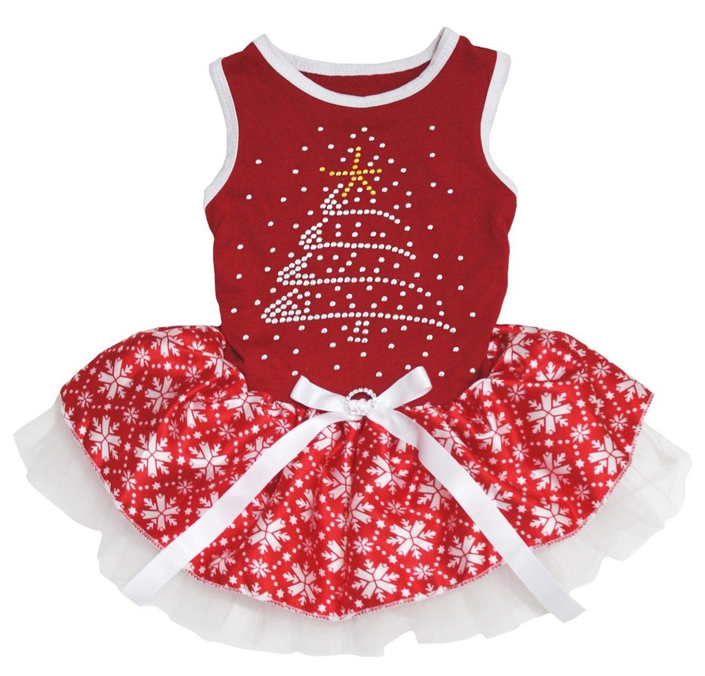 Petitebella Rhinestone Christmas Tree Puppy Dog Dress - Red with Snowflakes, Medium Size | Festive Holiday Pet Costume for Christmas Parties & Photo Shoots
