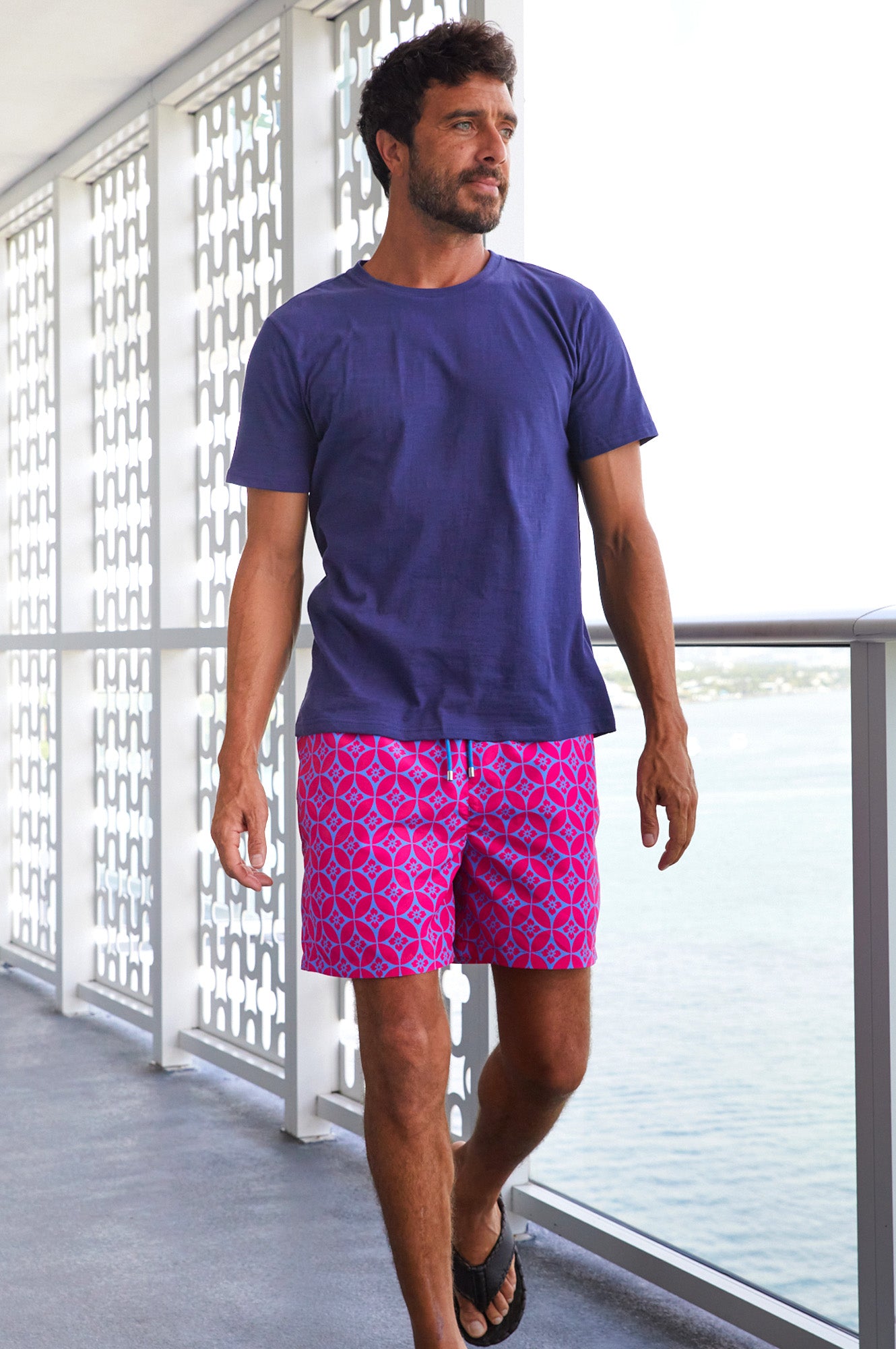 Eco-Friendly Men's Swim Shorts - Recycled Fabric, Geo Pink & Blue Design | Perfect for Beach, Pool & Summer Vacations