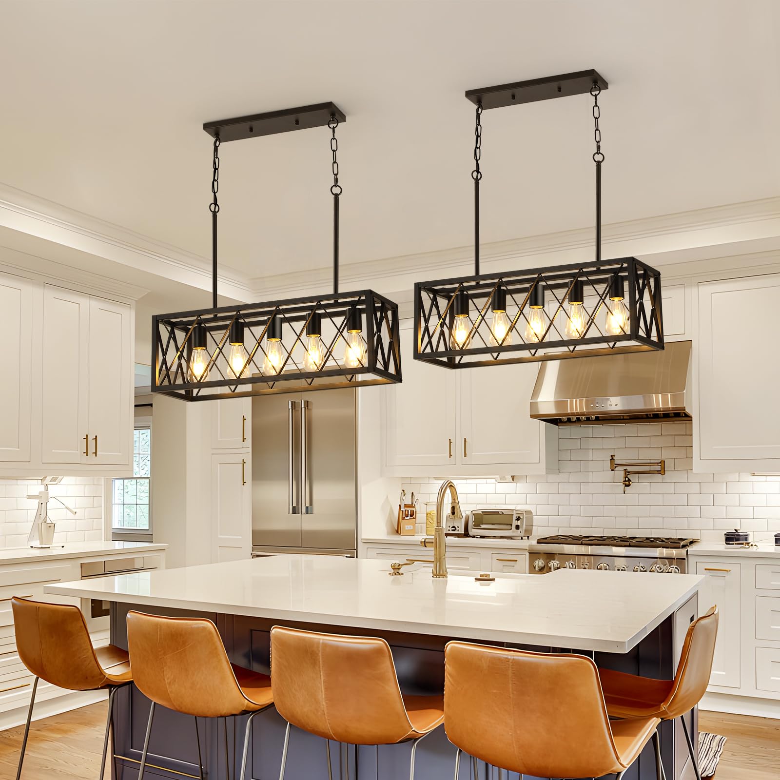 KEESFU Black Farmhouse Kitchen Island Pendant Light - 5-Light Adjustable Height Industrial Dining Room Chandelier for Kitchen, Living Room, Foyer & Over Dining Table or Sink | Rustic Home Decor Lighting Fixture | Perfect for Farmhouse, Industrial & Modern Interior Design