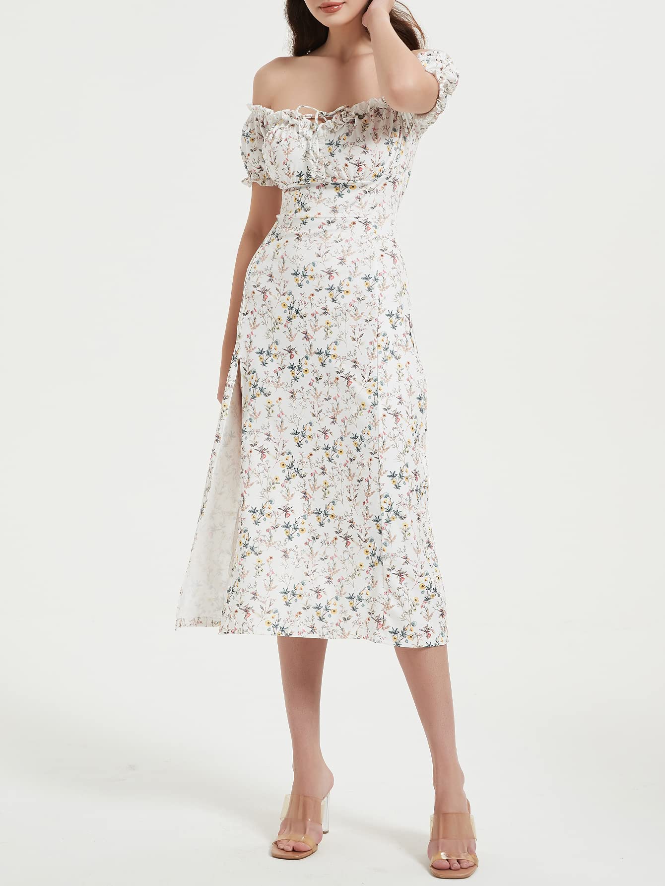 Floral Midi Dress for Women - Off Shoulder Ruffle Puff Sleeve Boho Summer Dress with High Slit & Backless Design | Perfect for Wedding Guest, Beach Party, Date Night & Special Occasions