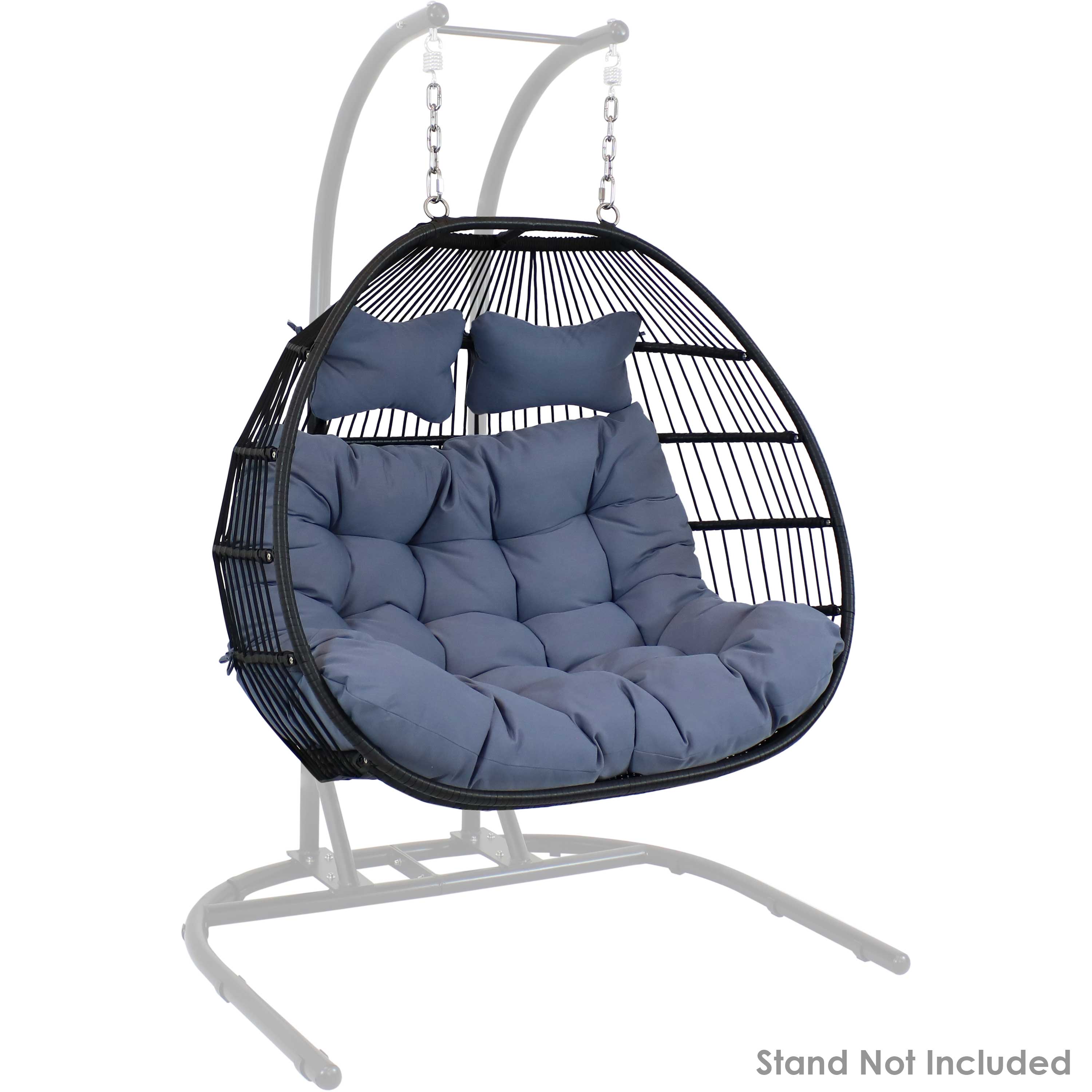 Sunnydaze Liza Loveseat Egg Chair with Cushions - Gray Outdoor Hanging Swing Chair for Patio, Garden & Backyard Relaxation