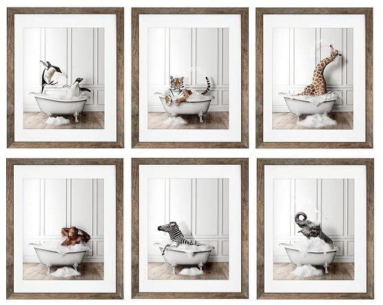 Funny Bathroom Wall Art Prints - Set of 6 Animal Posters (8x10 Inch) for Kids & Home Decor