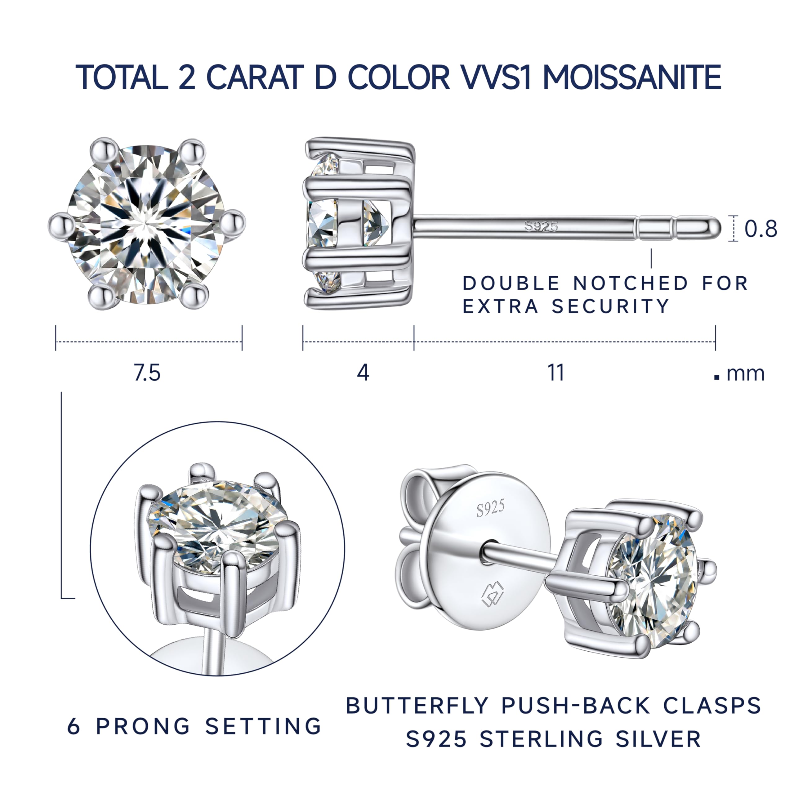MomentWish Stud Earrings for Women - D Color VVS1 Simulated Diamond 925 Sterling Silver Solitaire Earrings - Perfect Birthday Gift, Valentine's Day Present & Anniversary Jewelry - Elegant Everyday Wear & Special Occasion Accessory