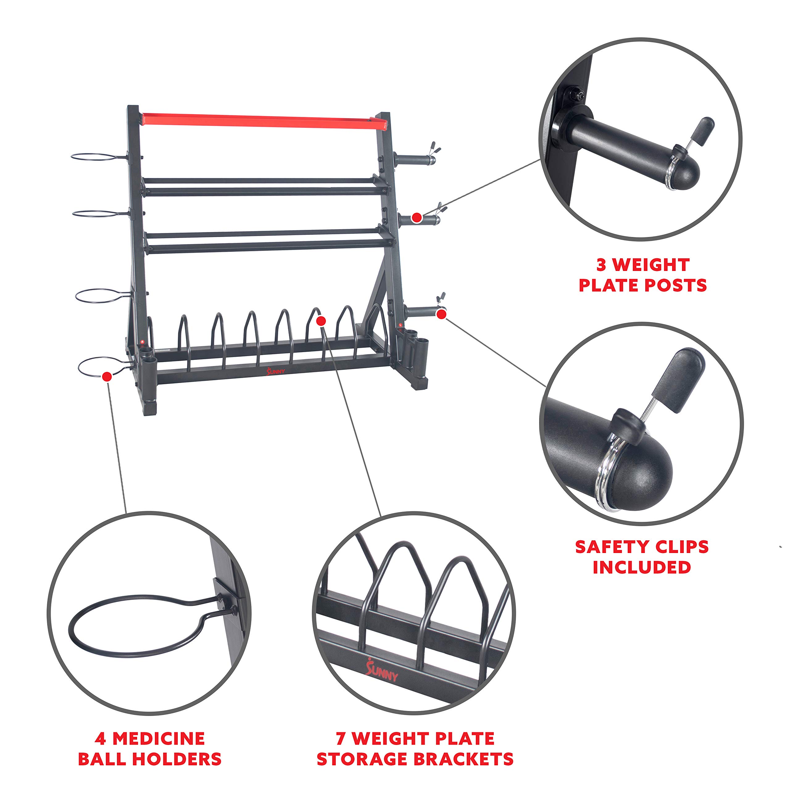 Sunny Health & Fitness Multi-Weight Storage Rack Stand - Organize Dumbbells, Kettlebells, Olympic Plates & Barbells - Perfect for Home Gym & Garage Workouts