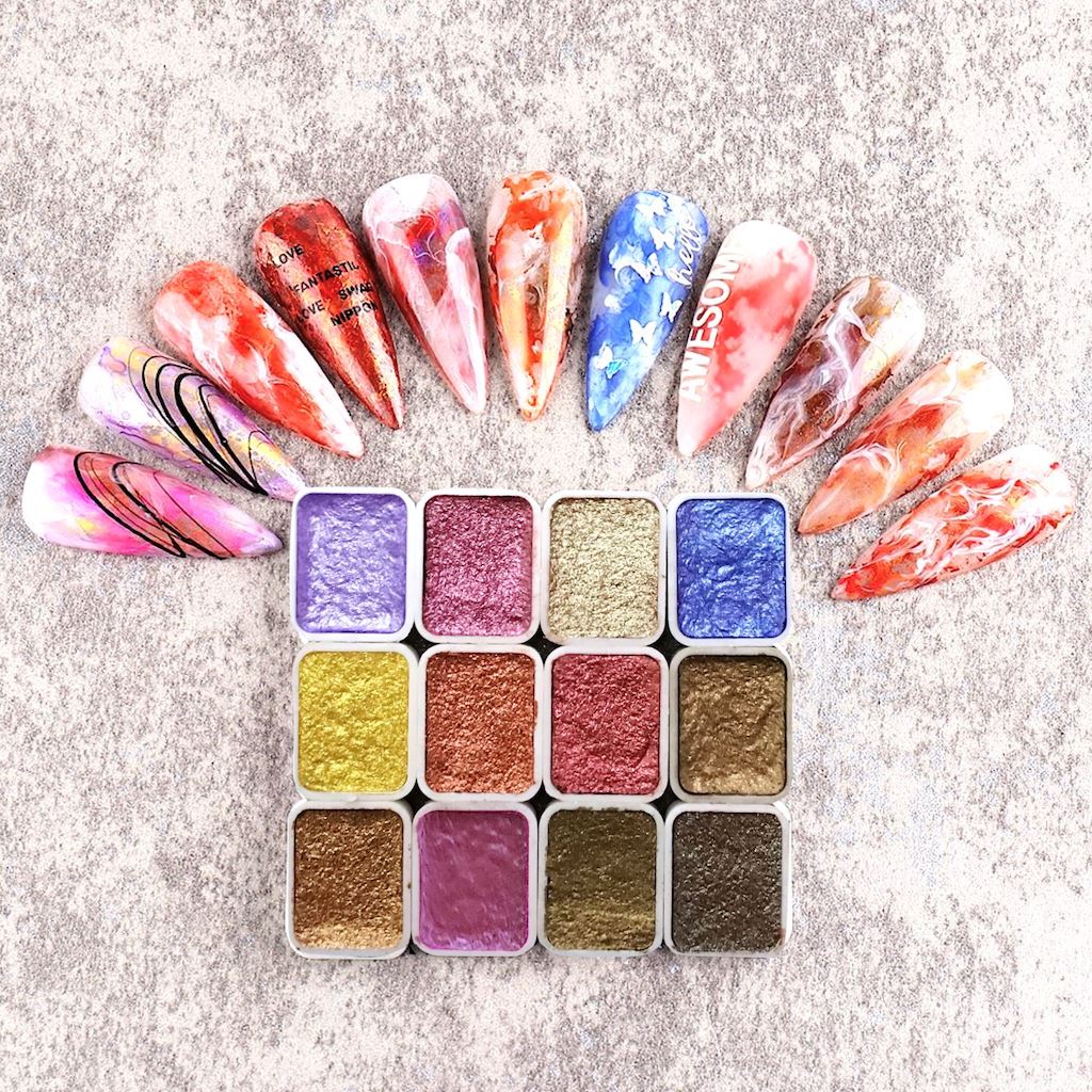 12-Piece Metallic Marble Nail Art Watercolor Paint Set - Professional Salon & DIY Nail Design Kit for Home Manicures & Creative Nail Art