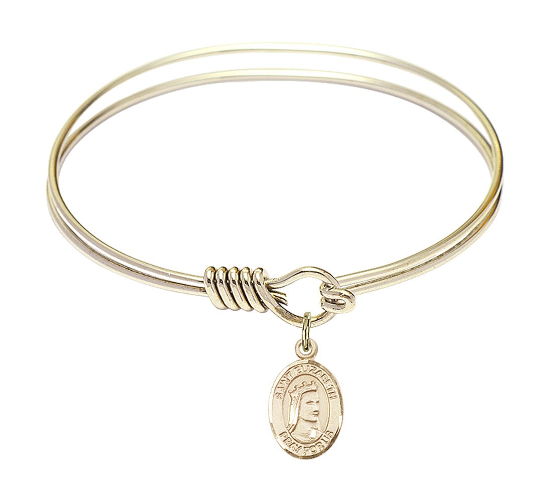 6 1/4 Inch Round Eye Hook Bangle Bracelet with St. Elizabeth of Hungary Charm - Elegant Religious Jewelry for Women, Gift for Baptism, First Communion & Faith-Based Occasions