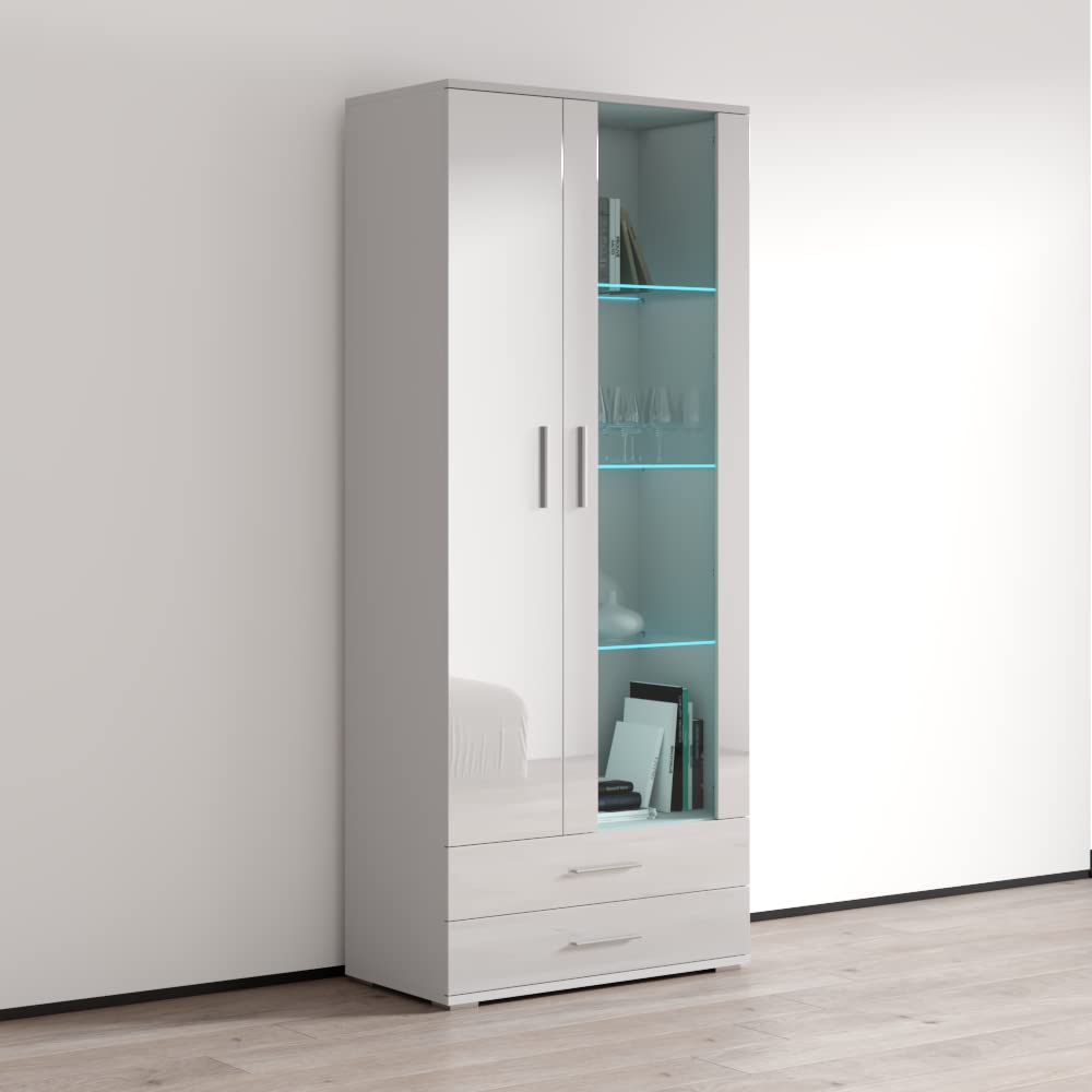 Modern Soho S6 2D2S Freestanding Bookcase - Customizable LED Light Wooden Bookshelf with Mirror Cabinet - White - Perfect for Living Room, Office & Bedroom Storage