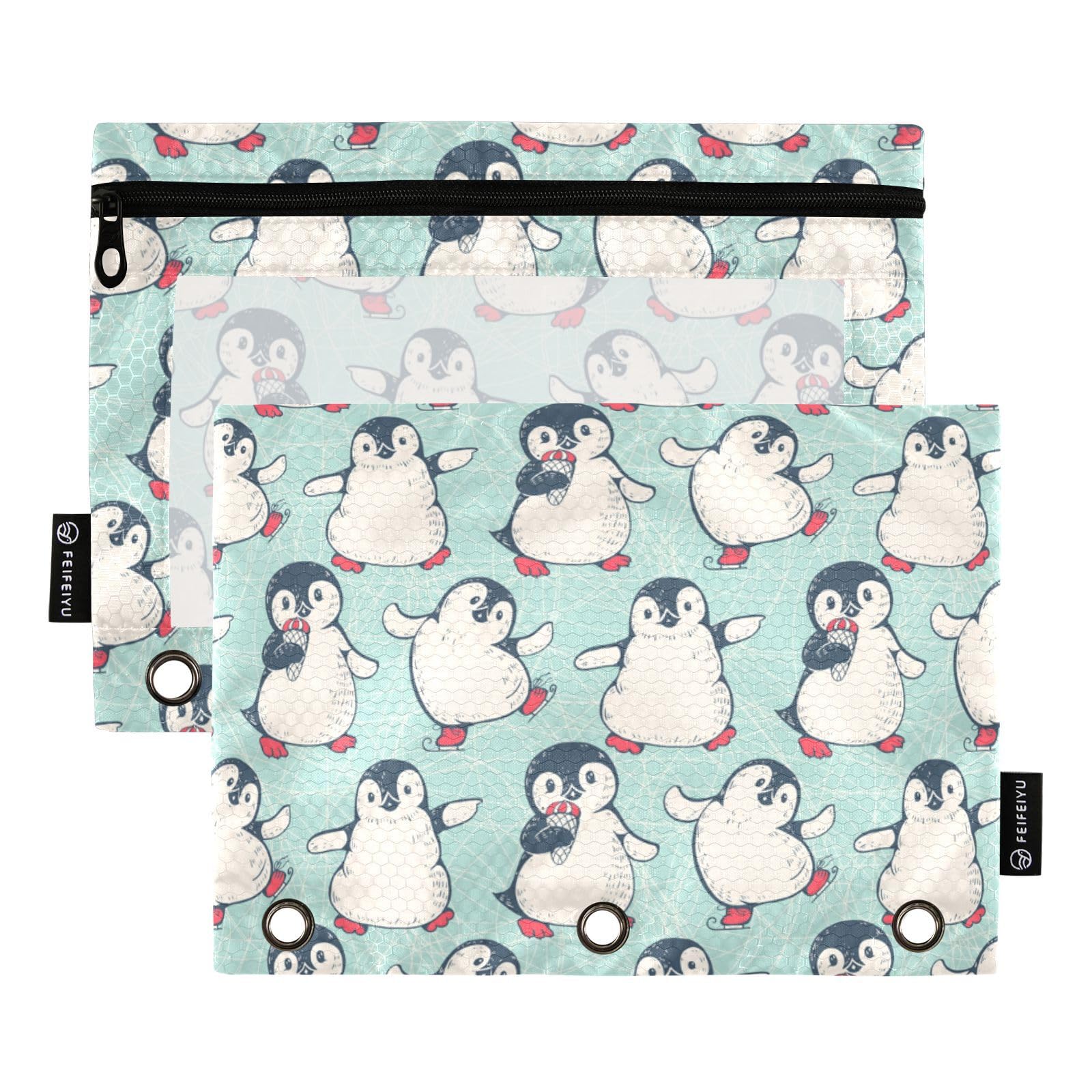 2 Pack Cute Penguins Pencil Pouch with Clear Window & Zipper for 3 Ring Binder - School, Office & College Supplies for Daily Organization