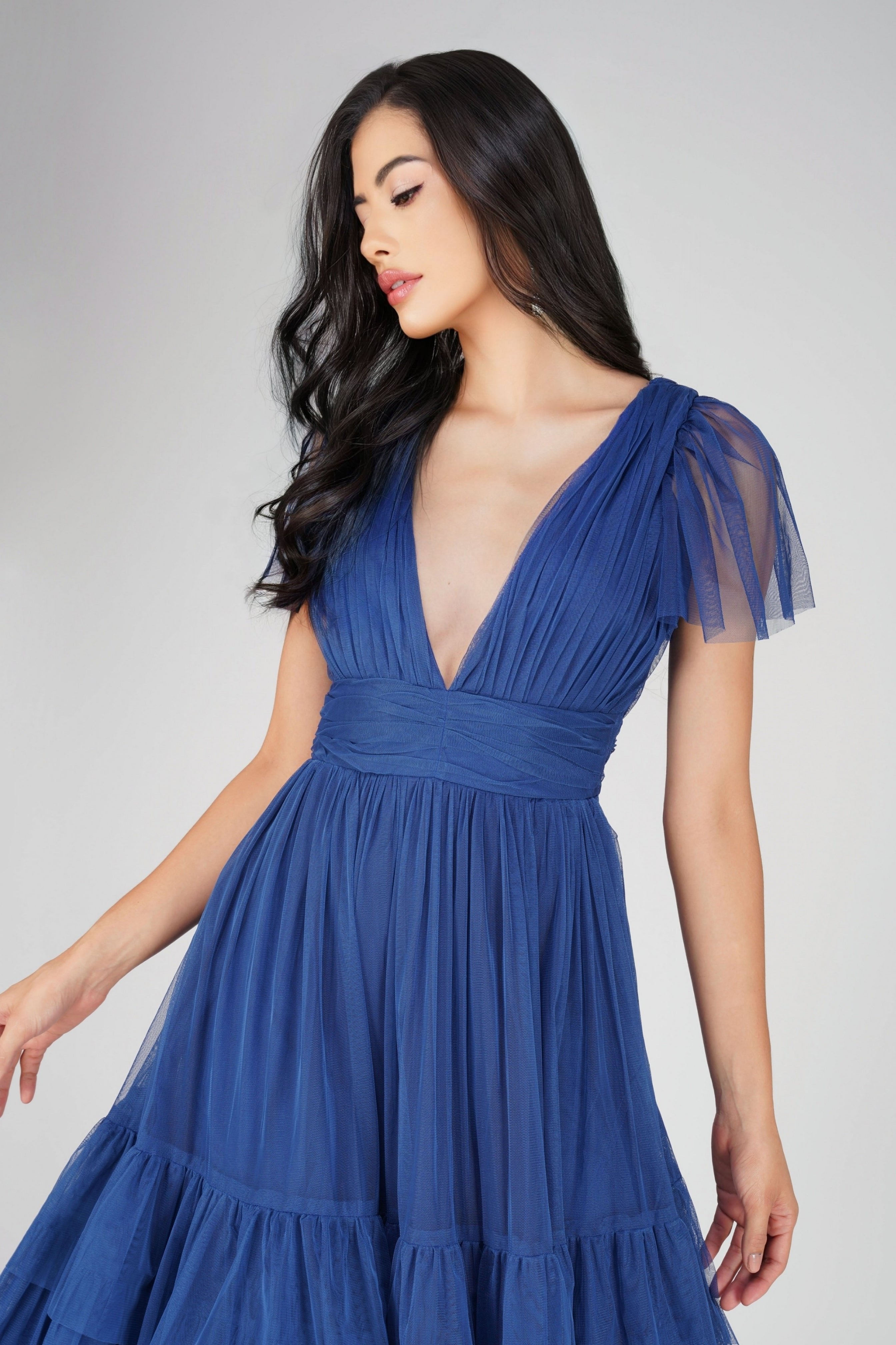 Madison Cobalt Blue Tulle Bridesmaid Midi Dress - Elegant Formal Gown for Weddings, Prom & Special Occasions