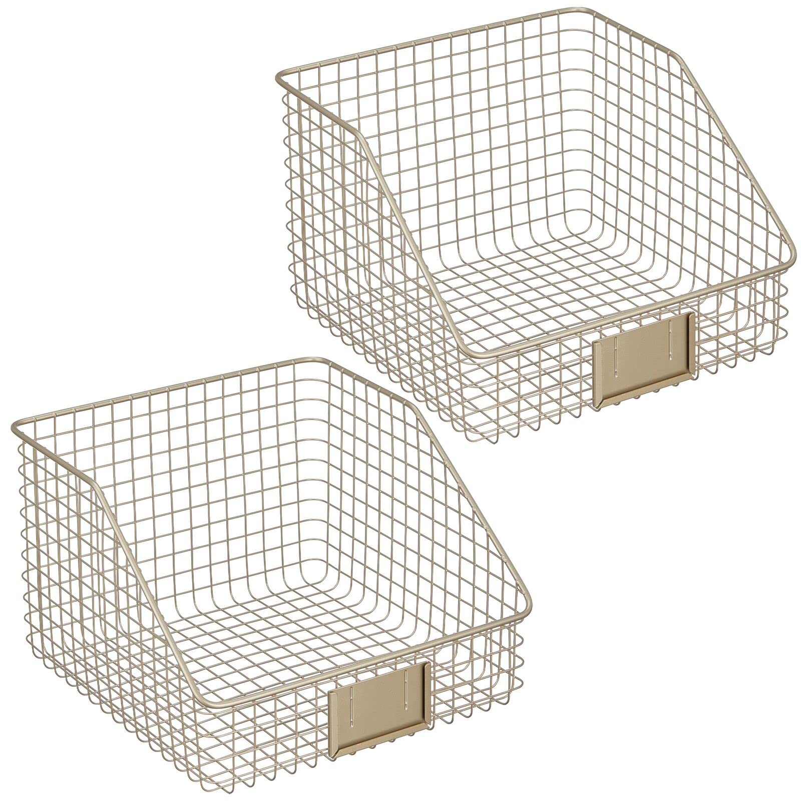 mDesign Slanted Metal Kitchen Food Storage Organizer Bin Basket with Label Slot - Cabinet, Countertop & Pantry Organizer for Produce, Fruits & Vegetables | Omaha Collection, 2-Pack, Satin Finish | Perfect for Kitchen Organization & Decluttering