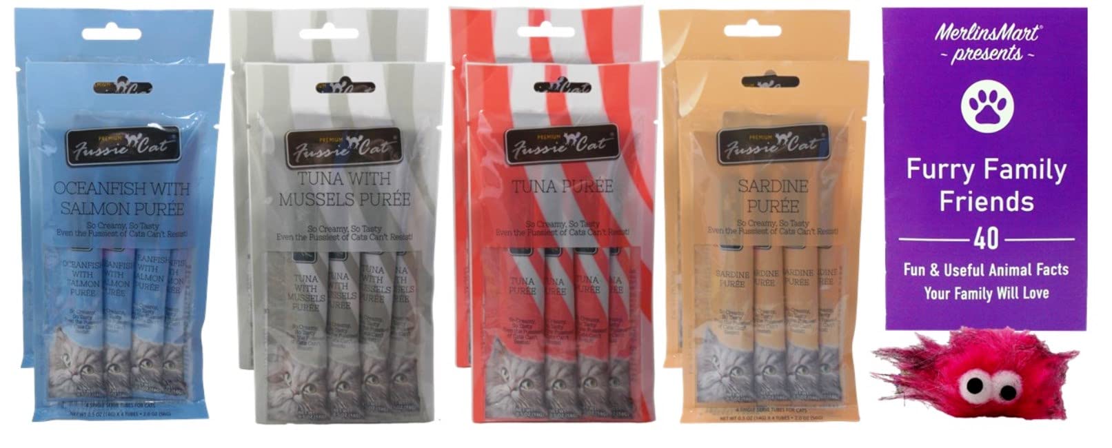 Fussie Cat Premium Seafood Puree Cat Food Topper - 4 Flavor Variety Pack (Oceanfish Salmon, Tuna Mussels, Tuna, Sardine) 2oz Pouches with Free Catnip Toy & Fun Animal Facts Booklet - Perfect for Picky Eaters & Mealtime Enrichment