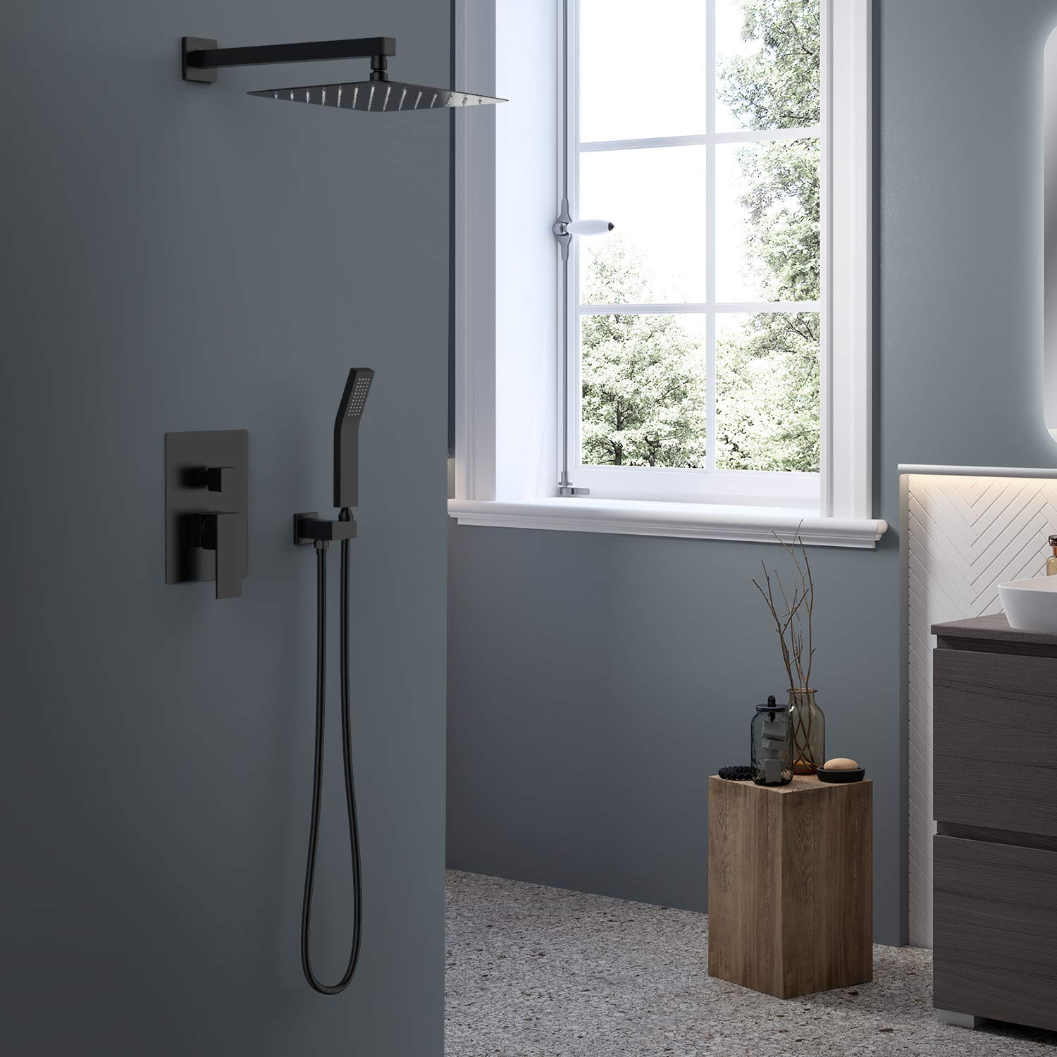 SunCleanse Matte Black Rainfall Shower System - 8 Inch Wall Mounted Rain Shower Head with Handheld Spray & Valve Trim Kit | Perfect for Luxurious Spa-Like Bathroom Experience & Modern Home Renovation