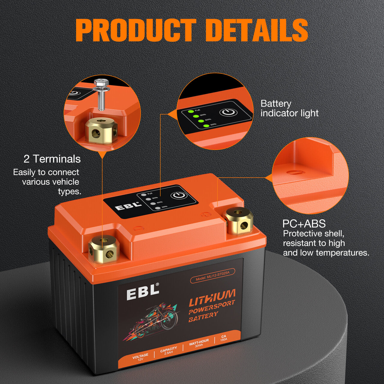 EBL YTX4L-BS LiFePO4 Lithium Motorcycle Battery 12V 2.5Ah - Lightweight & Long-Lasting Power for Motorcycles, ATVs, Scooters & Powersports Vehicles