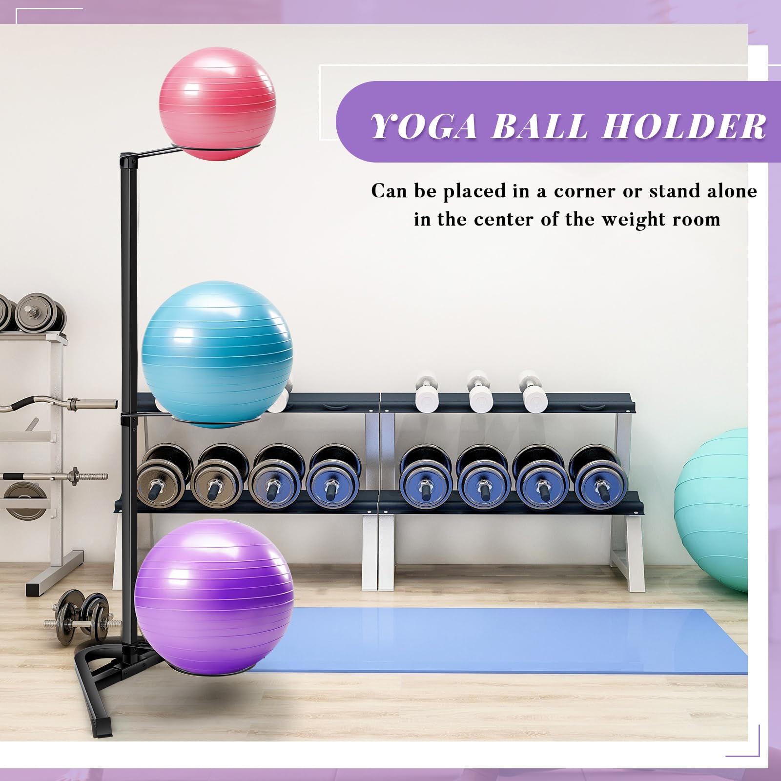 Blulu Vertical Yoga Ball Holder Stand - Heavy Duty Steel Frame Stability Ball Rack for Home & Commercial Gyms - Stores 3 Exercise Balls - Perfect for Yoga Studios, Fitness Centers & Home Workout Spaces
