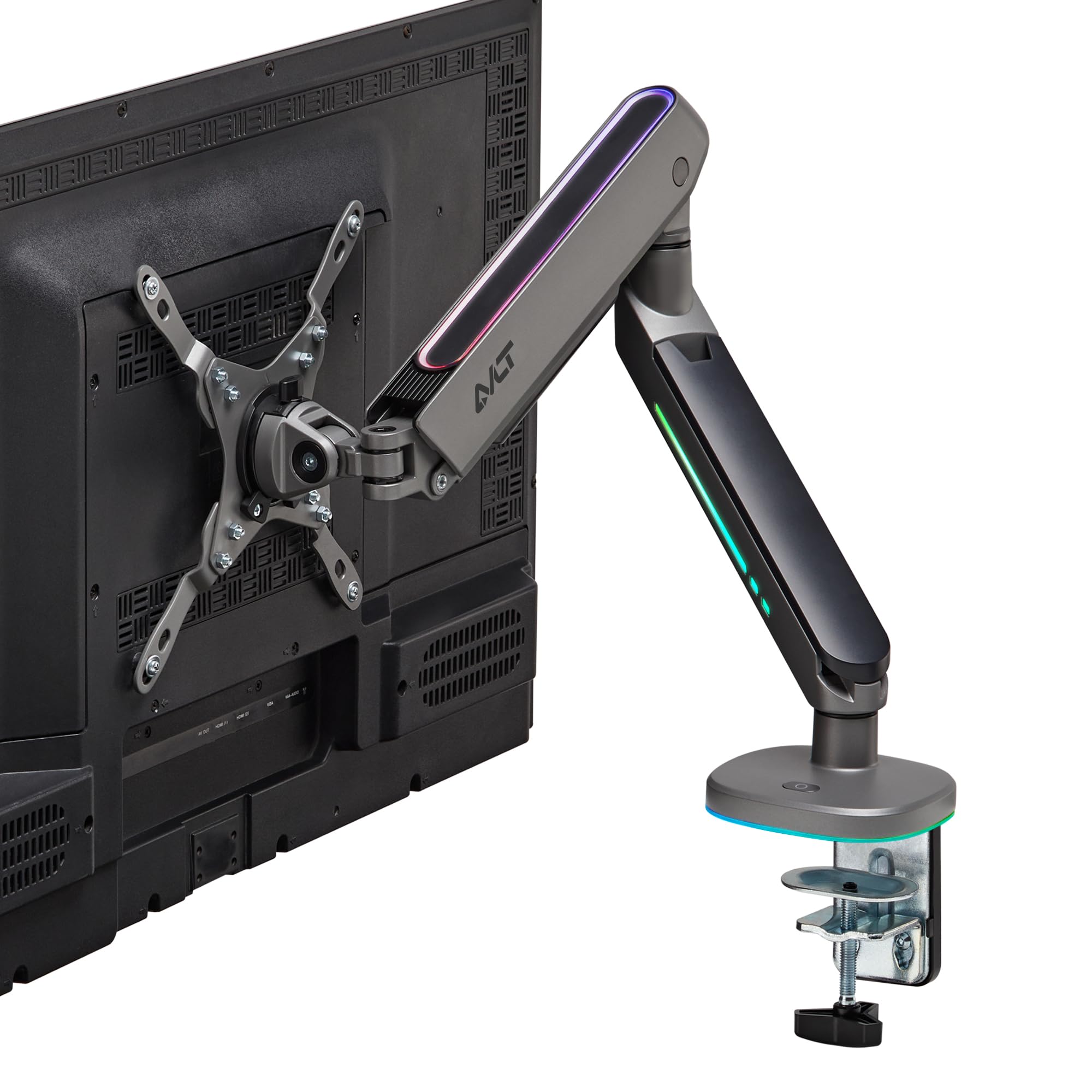 AVLT Single 27”-45” RGB Gaming Monitor Arm Desk Mount with 20 Lighting Modes & Touch Control - Adjustable Height, Swivel, Tilt for Flat/Curved/Ultrawide Screens - Dark Gray | Perfect for Gaming Setup, Home Office & Workstation Ergonomics