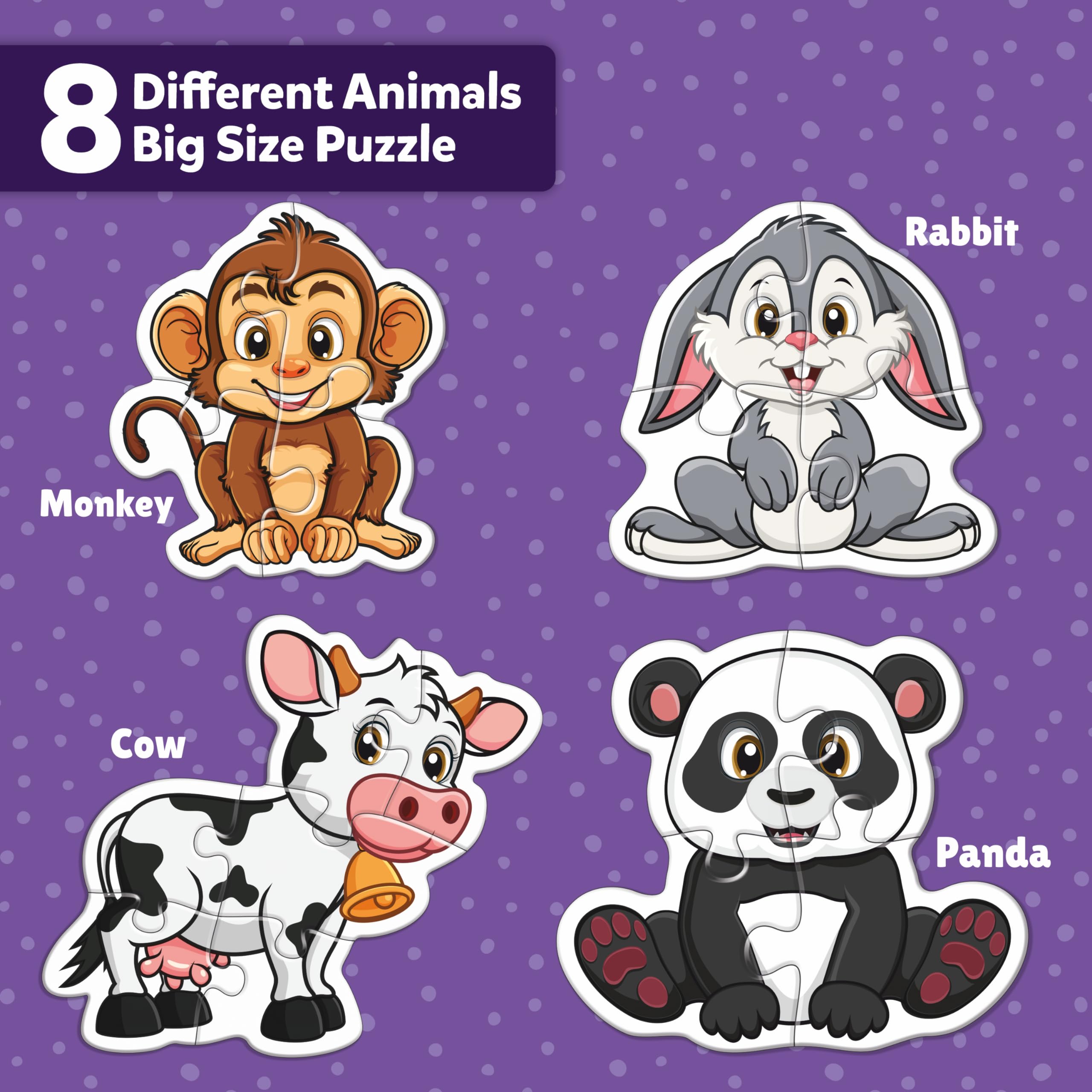 Aryans Eduworld | 8 Animal Puzzles for Kids Ages 4+ | 37 Piece Large Size Educational Puzzle Set with Monkey, Rabbit, Cow, Panda | Learning Toys for Boys & Girls | Perfect for Preschool Learning & Birthday Gifts
