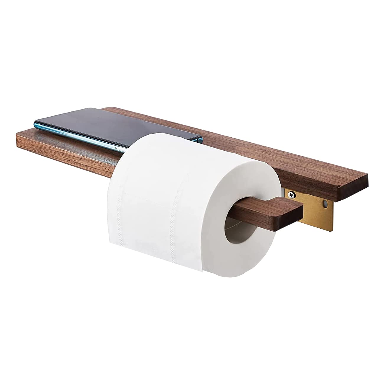 Solid Wood Toilet Paper Holder with Shelf - Brushed Brass Wall Mount Double Roll Storage for Bathroom & Washroom | Bathroom Organization & Space-Saving Solution