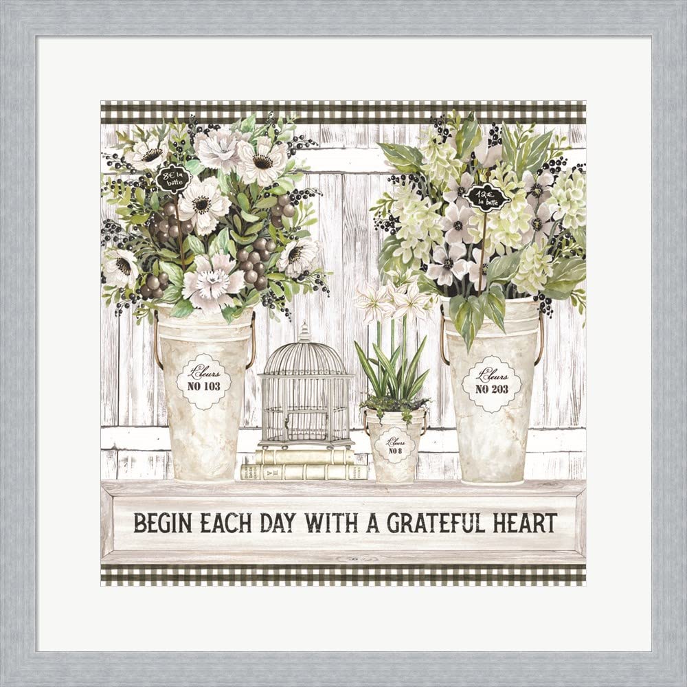 Begin Each Day by Cindy Jacobs Framed Art Print - 19x19 Inches, Slim Silver Frame, Inspirational Wall Decor for Home, Office & Gifts