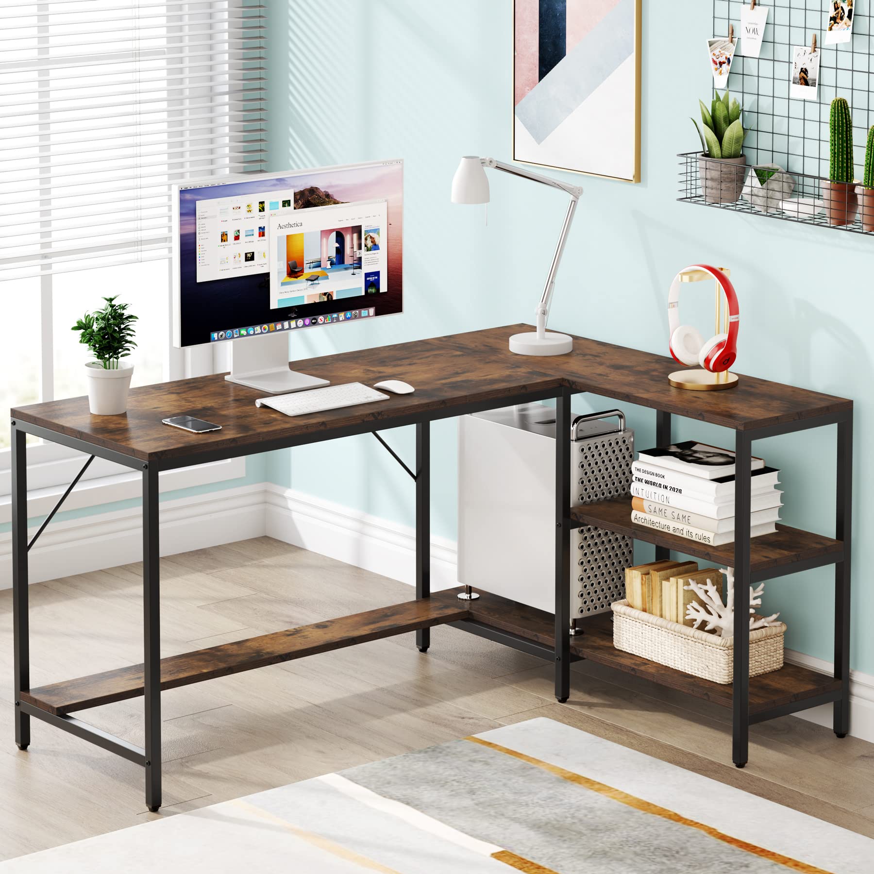 Tribesigns L-Shaped Computer Desk with Storage Shelves - Reversible Gaming Desk for Home Office, Study & Workstation - Rustic Brown Finish for Modern & Rustic Decor