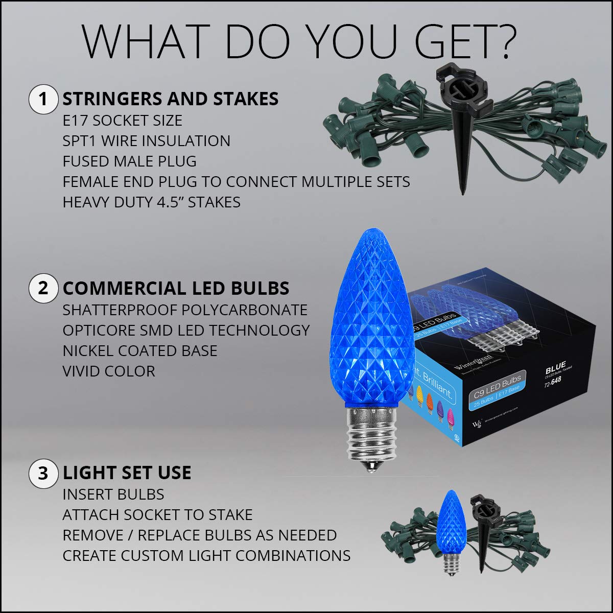 Wintergreen Lighting 50ft OptiCore LED Blue Christmas Pathway Lights - C9 Landscape Lighting with 4.5