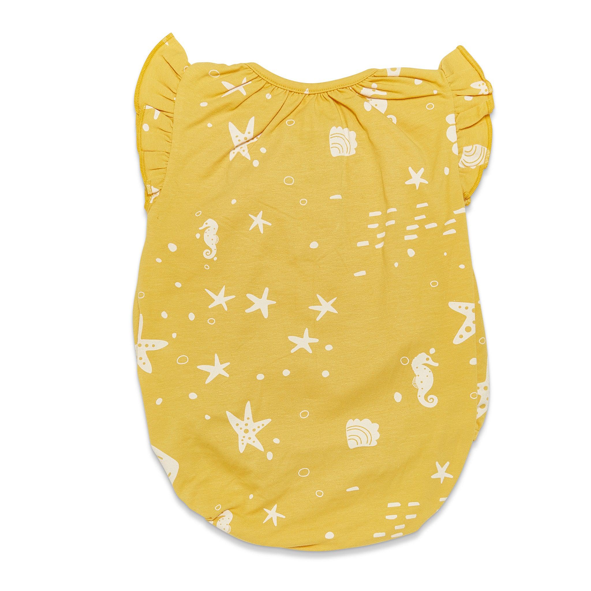 Organic Flutter Sleeve Button Romper - Sunny Yellow Seashells Print | Baby Girls' Summer Outfit for Beach, Park & Photoshoots