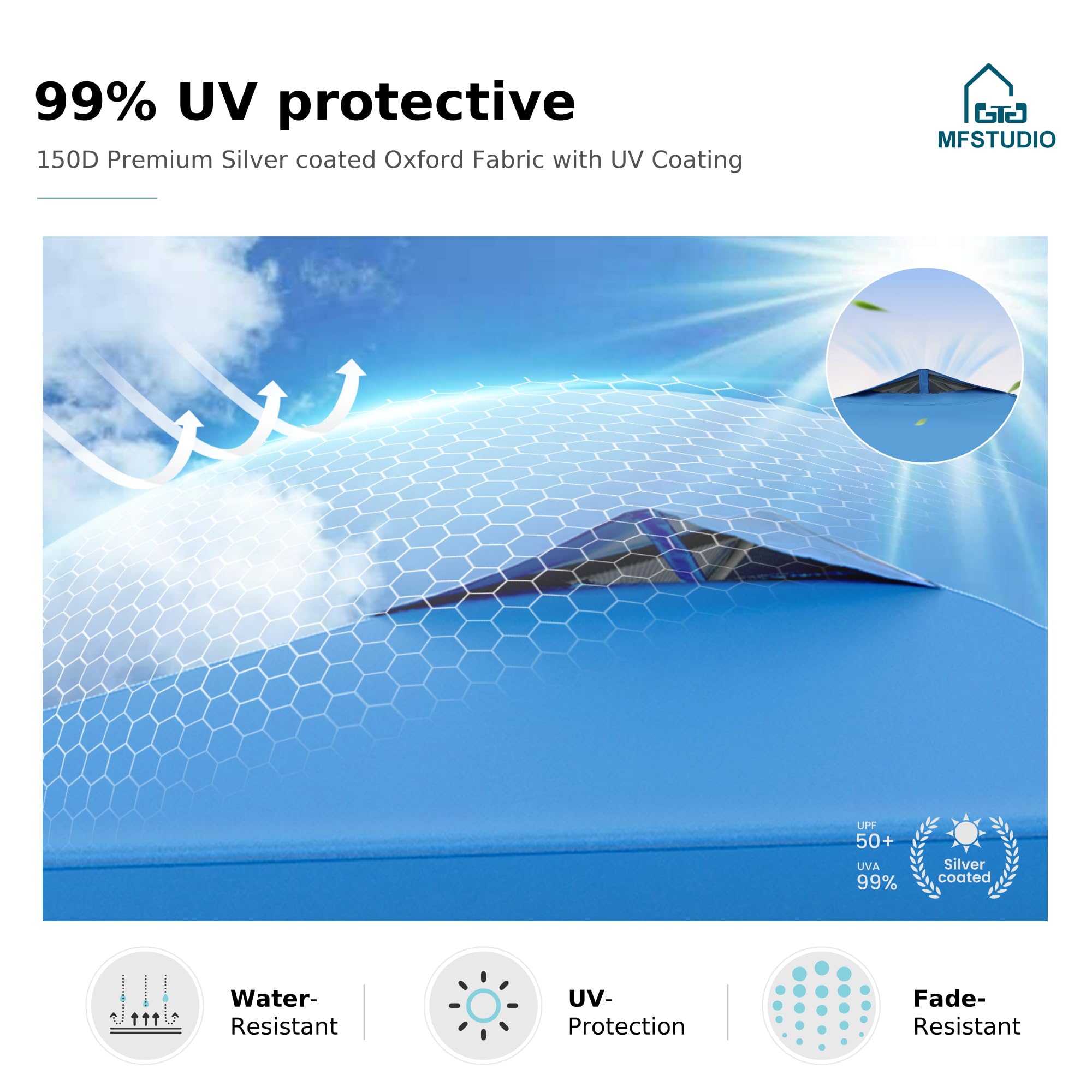 MFSTUDIO 10x10 FT Pop Up Canopy Tent - Waterproof Outdoor Gazebo Shelter with Sun Shade, Portable Instant Screened Tent for Beach, Backyard, Camping, Parties (Blue) | Perfect for Picnics, Tailgating & Outdoor Events