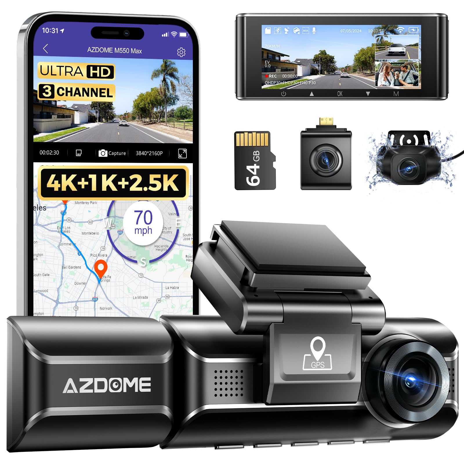 AZDOME 4K Triple Dash Camera with Front, Rear & Interior View - 4K+1080P+2.5K Resolution, WiFi GPS, 3.19