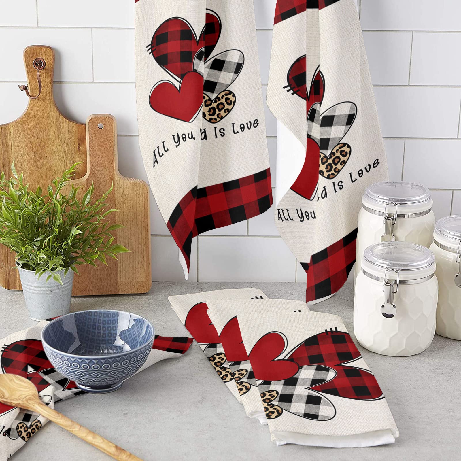 Premium Microfiber Kitchen Towels Set of 2 - Super Absorbent & Reusable Dish Towels (18x28 Inch) - Valentine's Day Heart Pattern & Buffalo Plaid Design for Cooking, Cleaning & Bar Use - Ideal for Dish Drying, Counter Wiping & Glass Polishing
