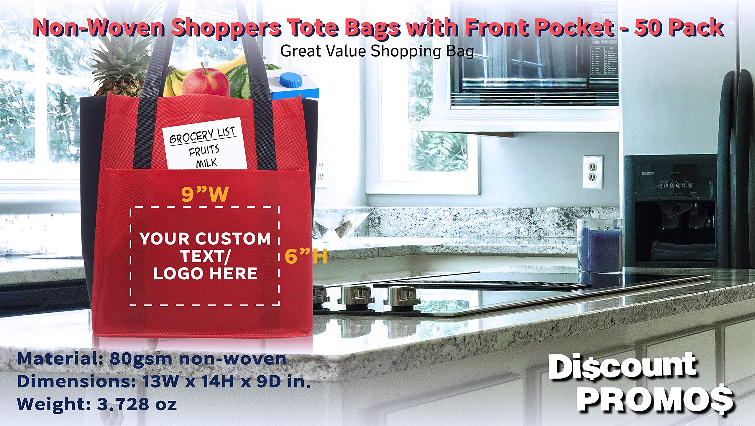 50 Pack Customizable Non-Woven Reusable Tote Bags with Front Pocket - Eco-Friendly Shopping Bags for Grocery, Beach, Promotions & Events (Red, Two Tone, 13