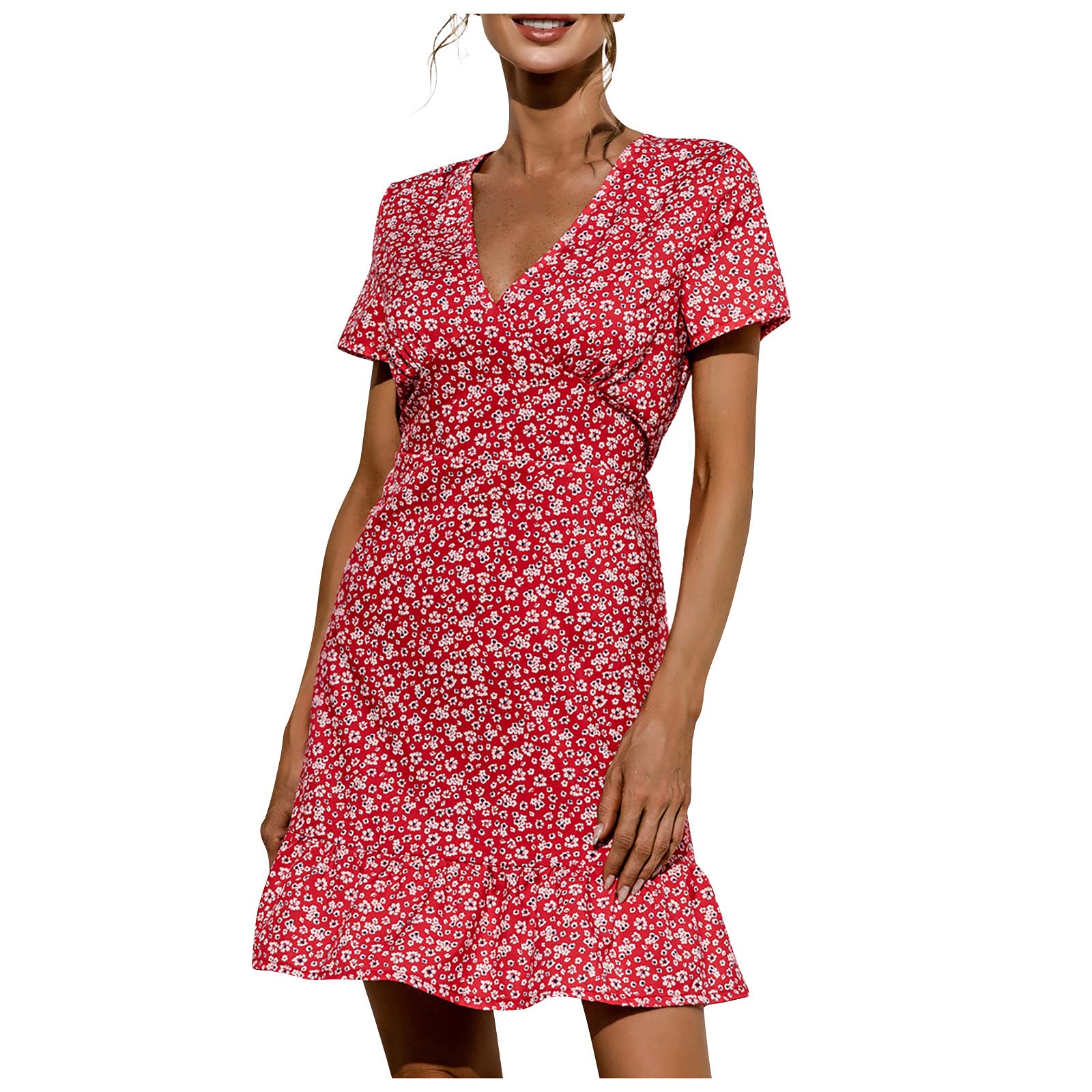 Stylish Women's Floral Print V-Neck Short Sleeve Cocktail Dress - Summer Party Wear for Casual Occasions & Special Events - Plus Size Available