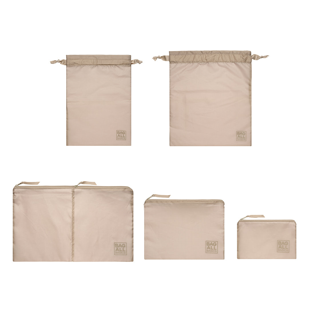 Eco-Friendly Recycled Nylon Packing Bags Set - 5 Piece Travel Organizer Kit in Taupe for Suitcase, Gym & Home Storage Organization