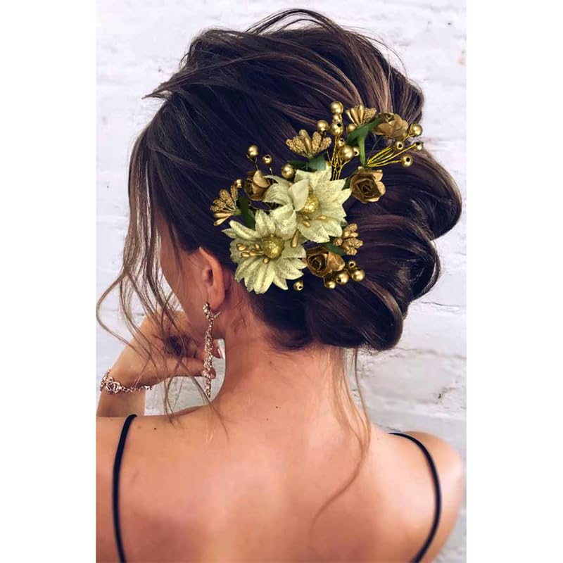 Elegant Gold Hair Flare with Artificial Flowers & Pearls Hairpin - Women & Girls Hair Accessories for Weddings, Parties & Special Occasions - Pack of 1