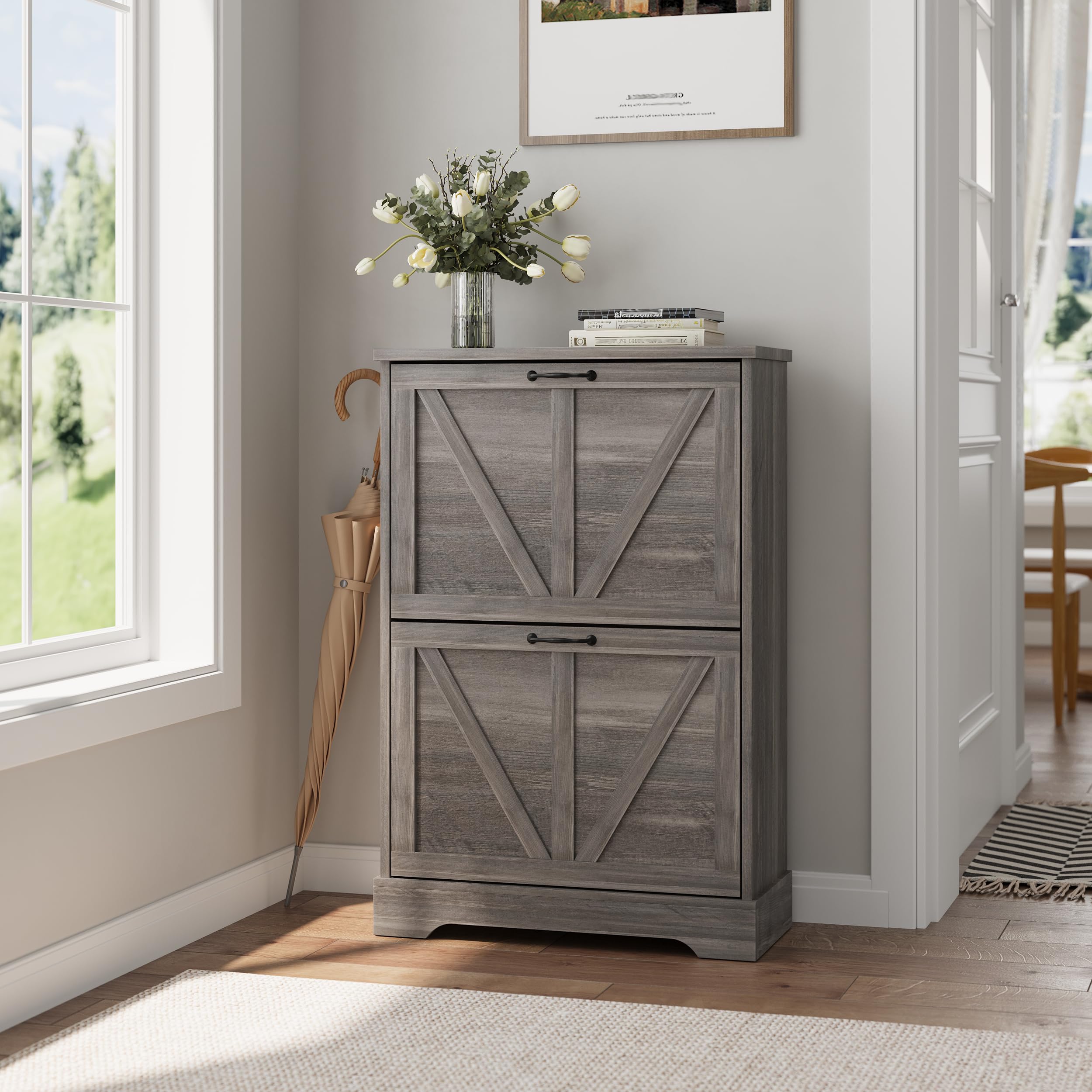 Slim Shoe Rack Cabinet - Narrow Entryway Storage Organizer with Wooden Feet & 2 Flip Drawers | Farmhouse Style Shoe Organizer for Hallway, Closet, Bedroom (Grey)