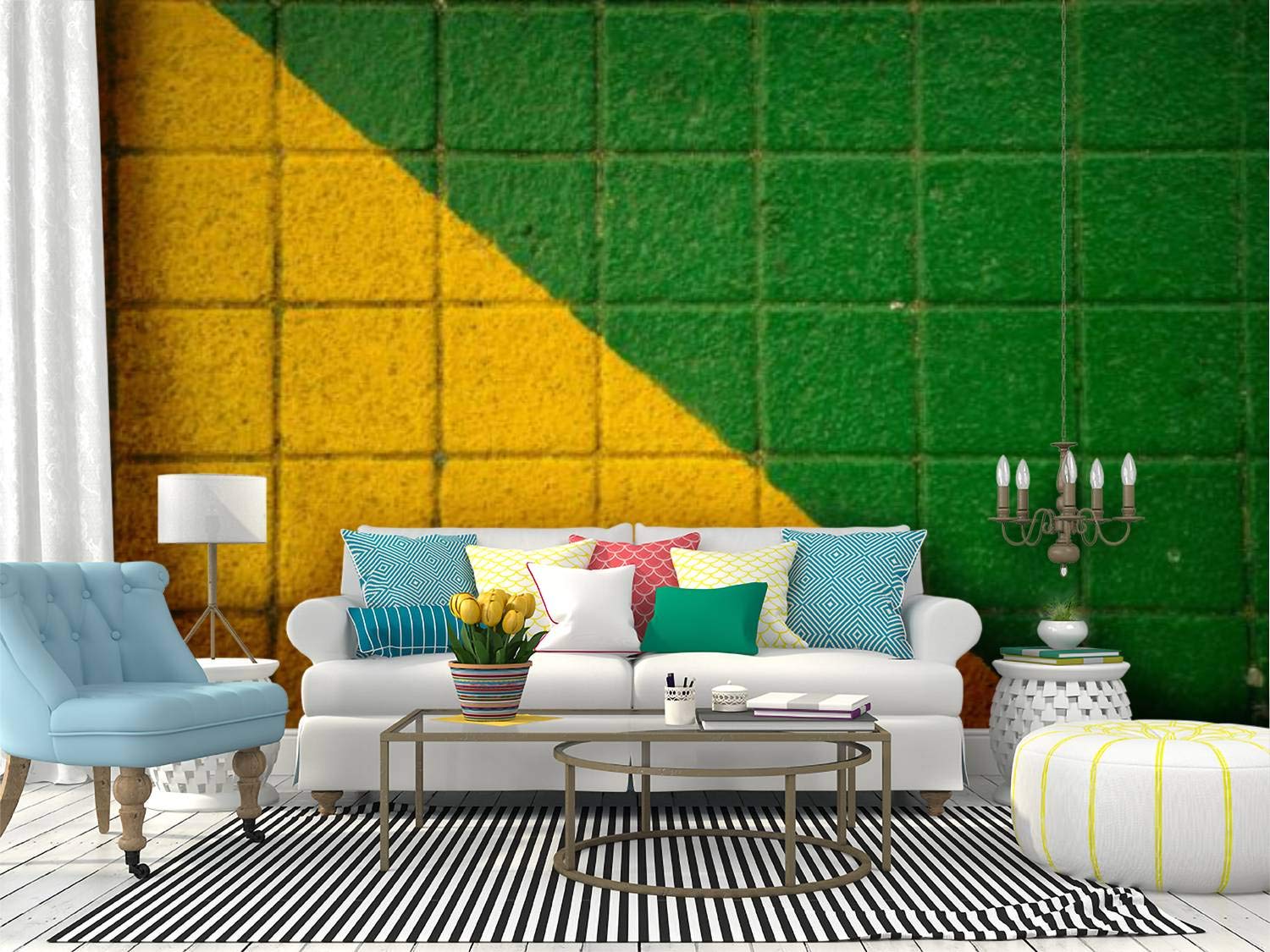 SKIWA Self-Adhesive Removable Wallpaper Roll - Green Yellow Sidewalk Musical Grunge Design, Peel and Stick Wall Mural for Home Decor, Bedroom, Living Room & Office Covering