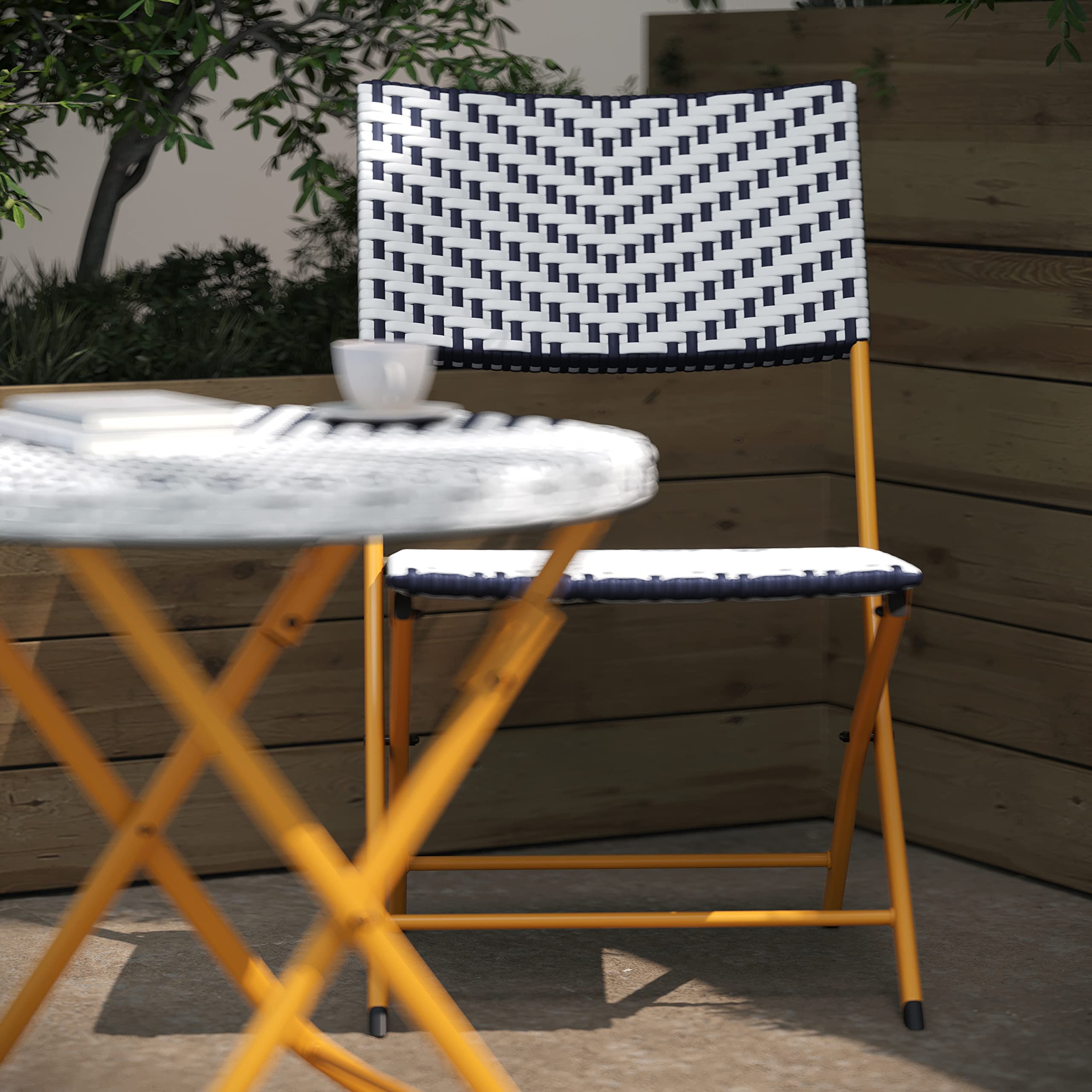 Flash Furniture Rouen Commercial Grade Folding Bistro Set - 3 Piece Indoor/Outdoor PE Rattan Table with Navy/White Cushions & Natural Steel Frame | Perfect for Patio, Garden, Cafe, Restaurant Outdoor Dining