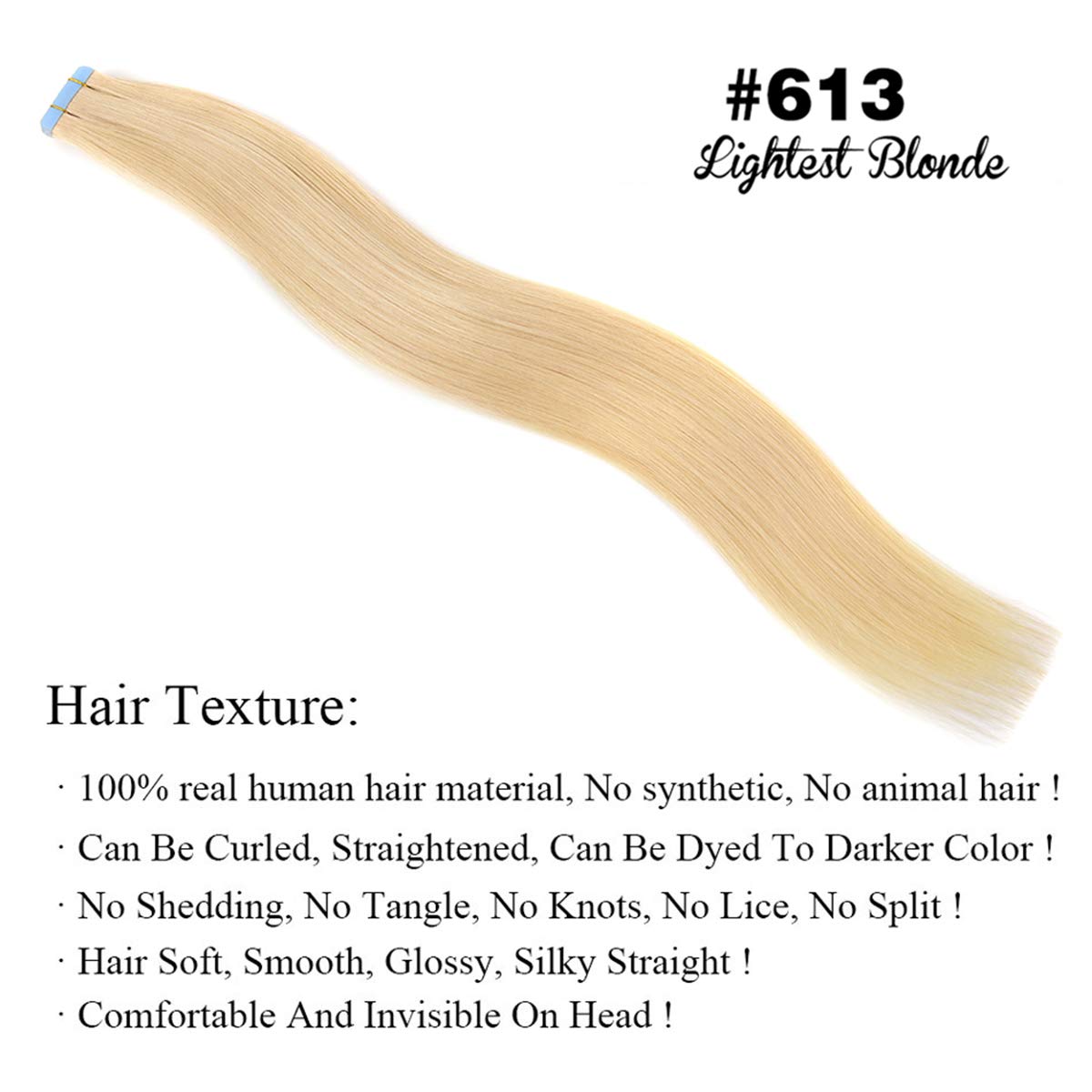 18 Inch Tape in Hair Extensions Human Hair - 12 Pieces Skin Weft Straight Natural Thick Hair Extensions with 20pcs Replacement Tape (50g, Lightest Blonde #613) for Daily Styling, Parties & Special Occasions