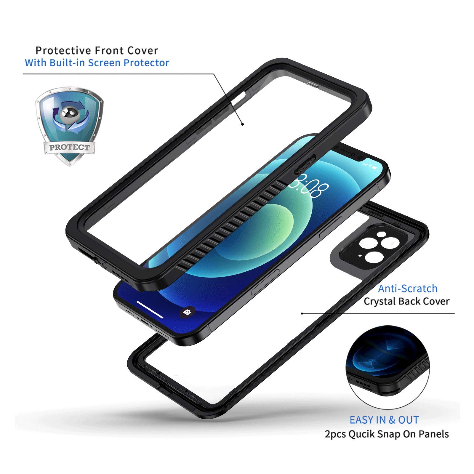 **Lanhiem iPhone 12 Pro Max Case 6.7 Inch – IP68 Waterproof, Dustproof, Shockproof with Built-in Screen Protector | Full Body Underwater Protection | Clear Black Cover for Swimming, Hiking & Outdoor Activities**