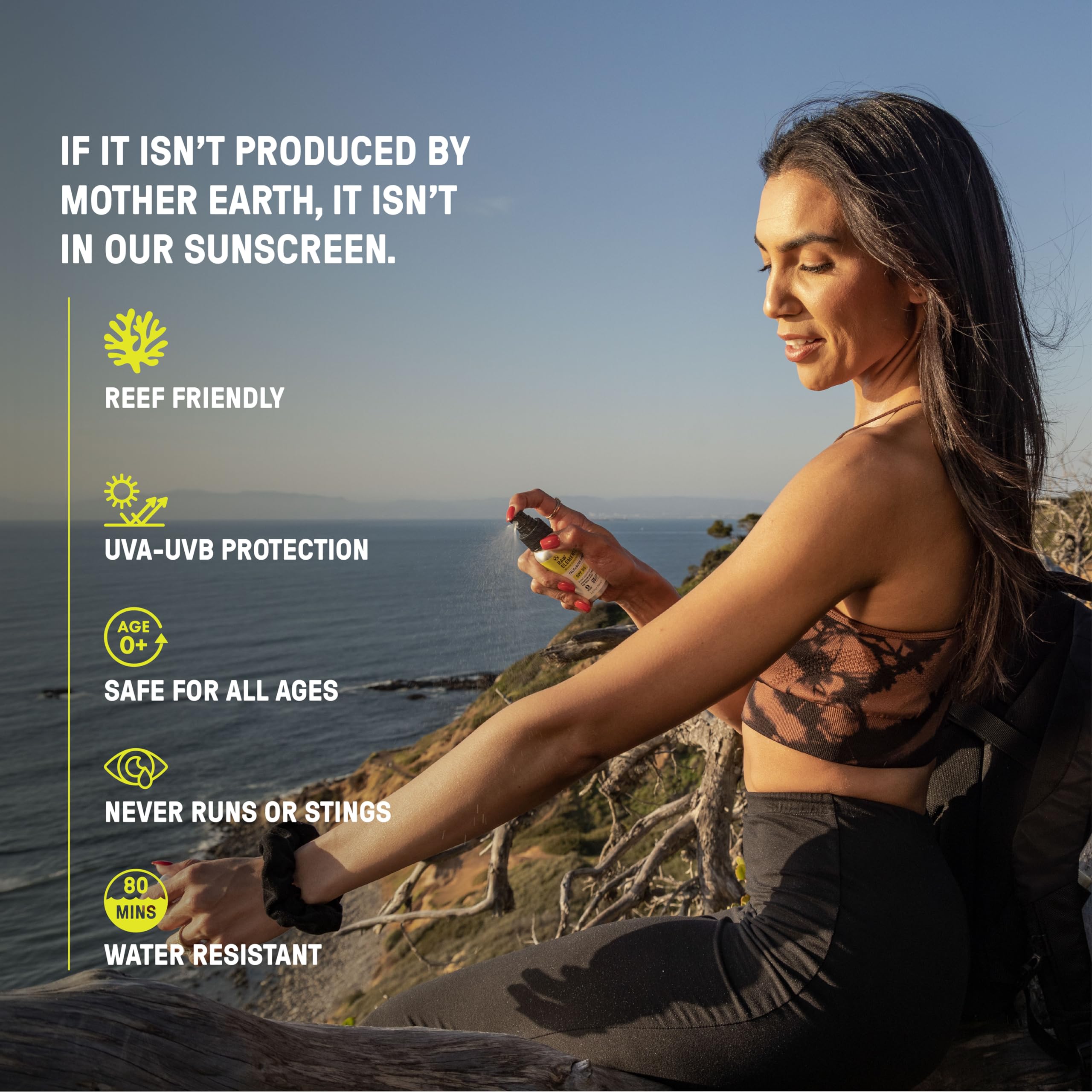 Raw Elements SPF 50 Mineral Sunscreen Spray - All Natural, Reef Safe & Water Resistant | Broad Spectrum UVA/UVB Protection for Face & Body | Safe for Kids & Adults | Travel Size 2oz | Perfect for Beach, Pool, Hiking & Outdoor Activities