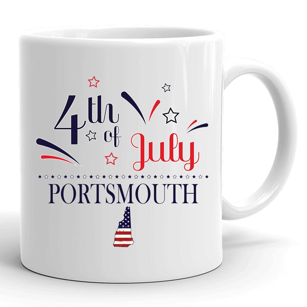 Custom USA Flag Coffee Mug 11oz - Personalized 4th of July Gift with Any City/State (Portsmouth New Hampshire) - White Ceramic Cup for Independence Day Celebrations, Office Use & Holiday Gifting