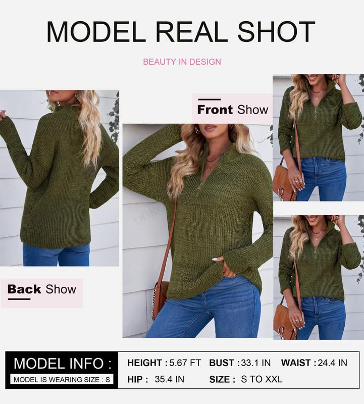 Dokotoo Women's Long Sleeve 1/4 Zip Pullover Sweater - V Neck Polo Style Casual & Dressy Top for Work, Office & Everyday Wear