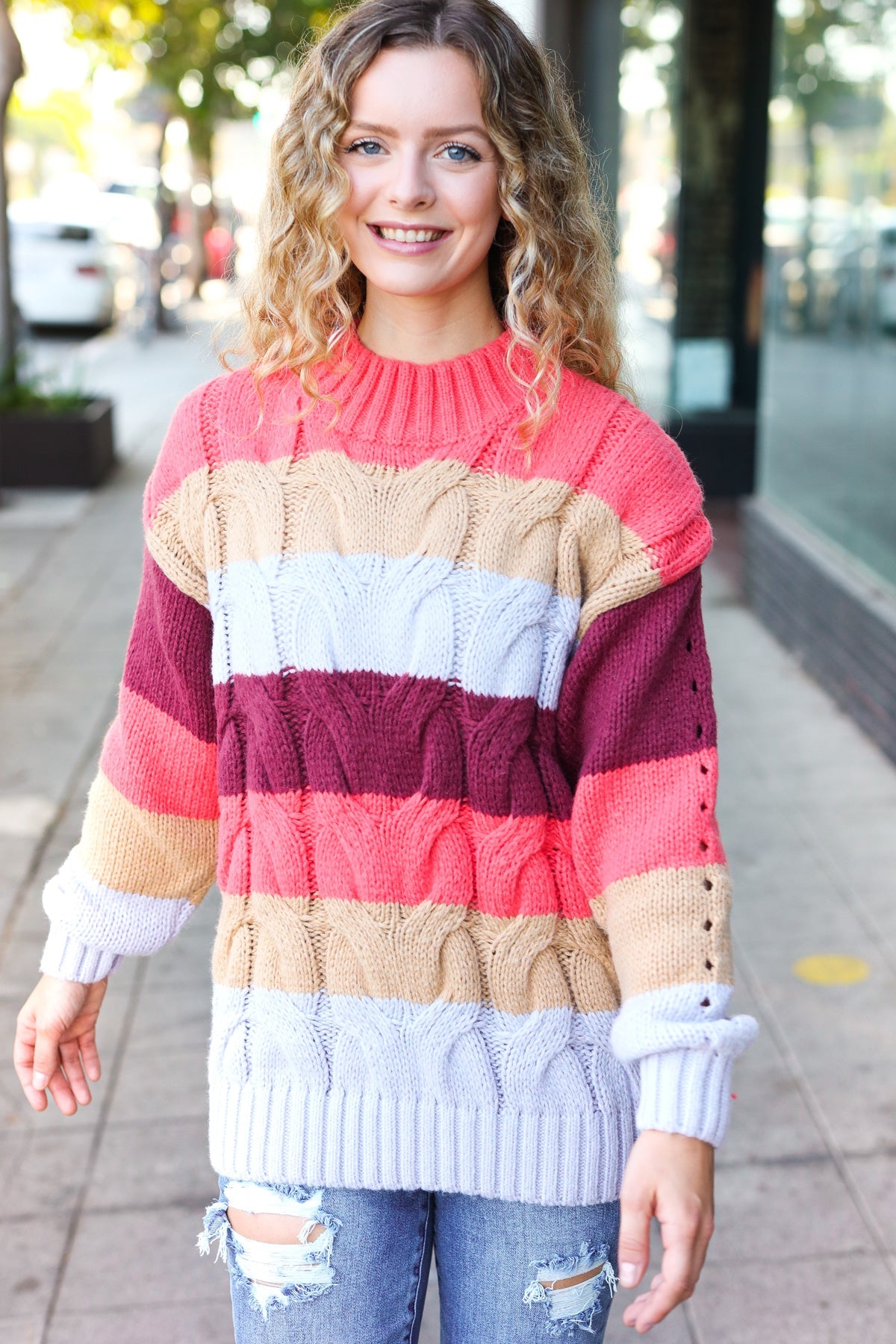 Rust & Multicolor Striped Cable Knit Mock Neck Sweater for Women | Cozy Fall & Winter Pullover | Perfect for Casual Outfits, Office Wear & Holiday Gatherings