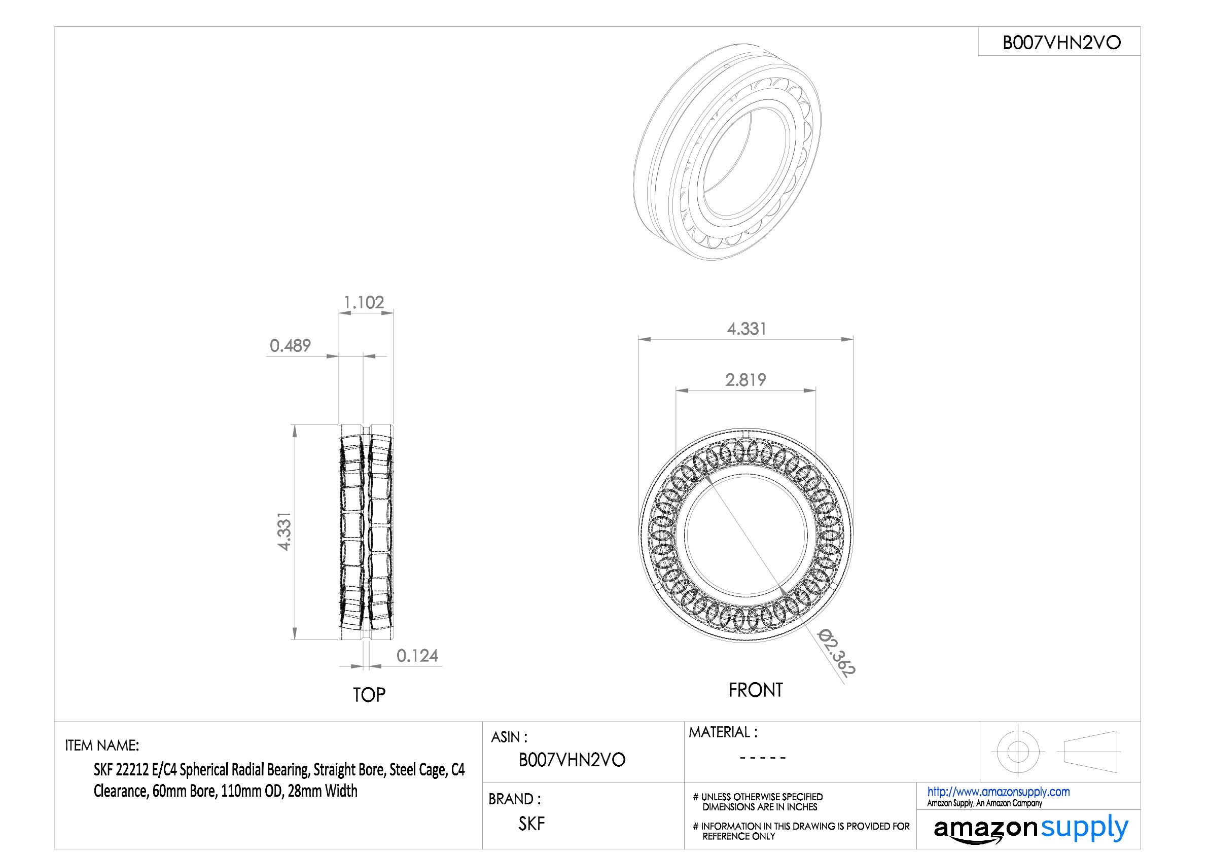 SKF 22214 E/C4 Spherical Radial Bearing - Straight Bore, Steel Cage, C4 Clearance, 70mm ID, 125mm OD, 31mm Width - Heavy Duty Industrial Machinery & Automotive Applications