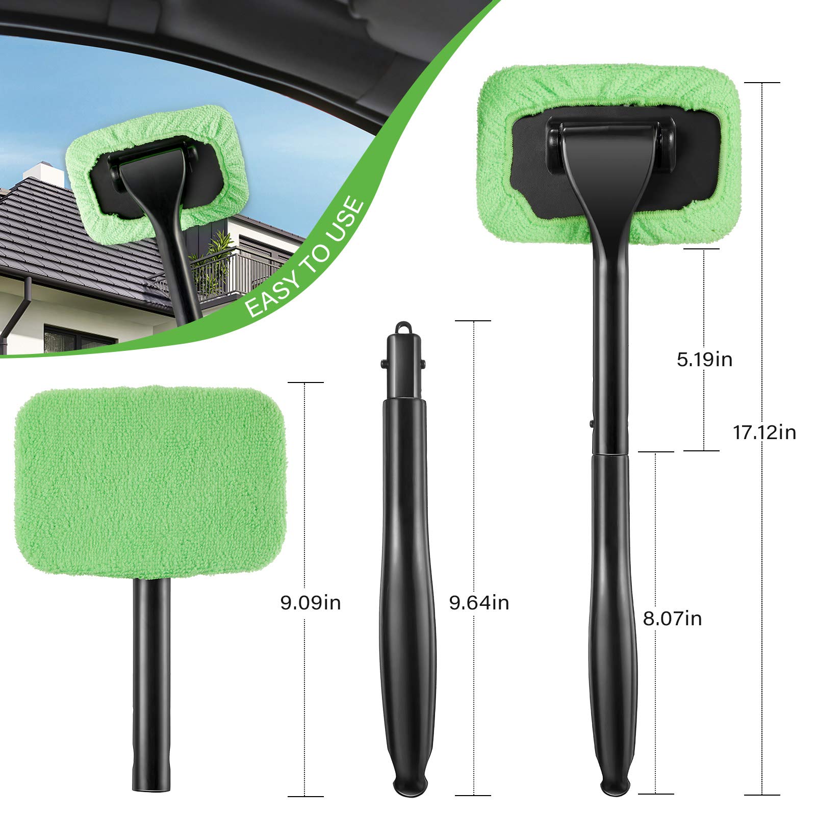 2 Pack Windshield Cleaning Kit - Extendable Car Window Cleaner with Detachable Handle, 8 Reusable Microfiber Pads & 2 Spray Bottles for Auto Glass & Interior Cleaning - Perfect for Cars, Trucks, RVs (Green)