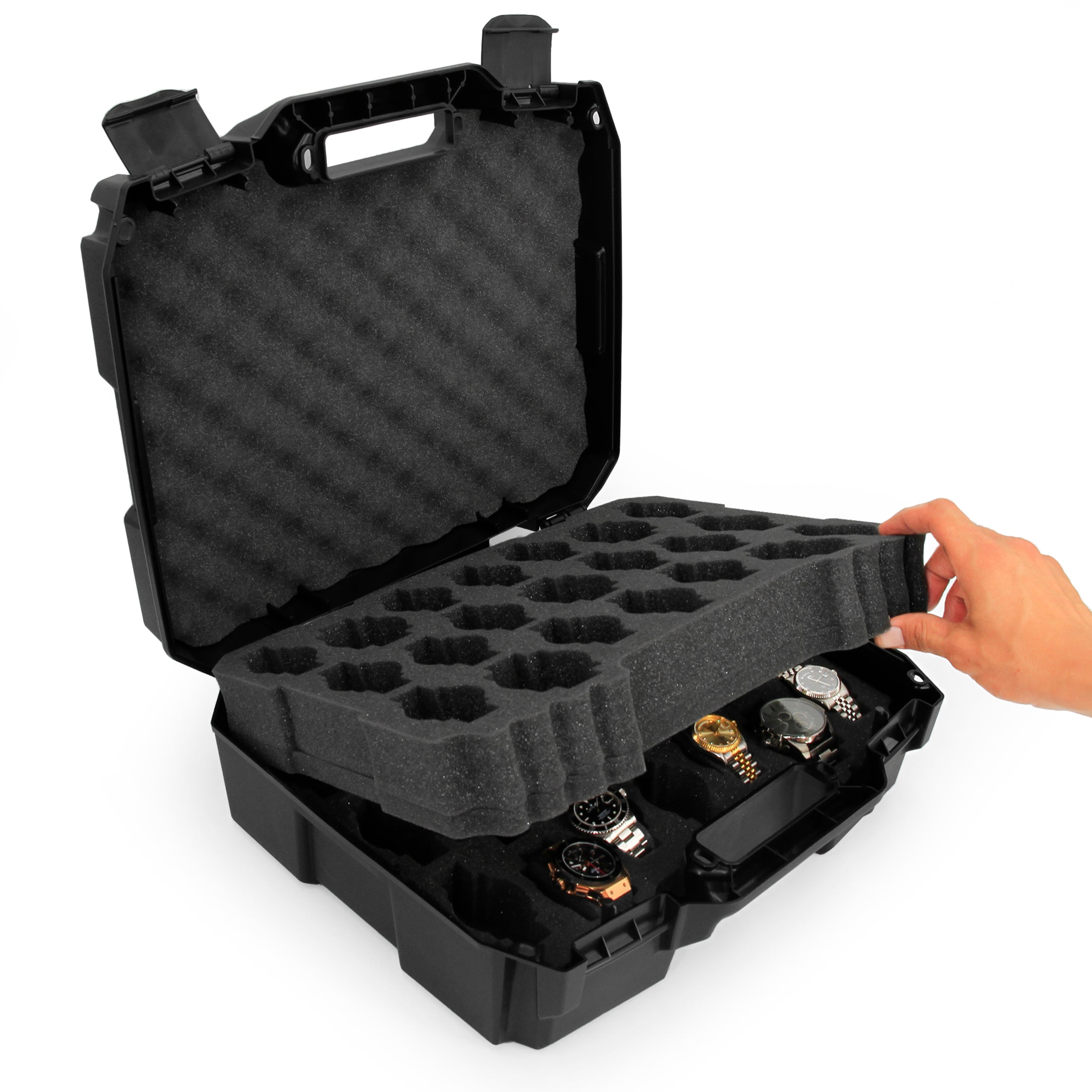 CASEMATIX Hard Shell Watch Travel Case with 42 Slots - Premium Watch Roll Holder for 24mm to 56mm Watch Faces - Durable Watch Storage Box with Custom Foam Interior - Perfect for Travel, Collection Display & Luxury Watch Protection