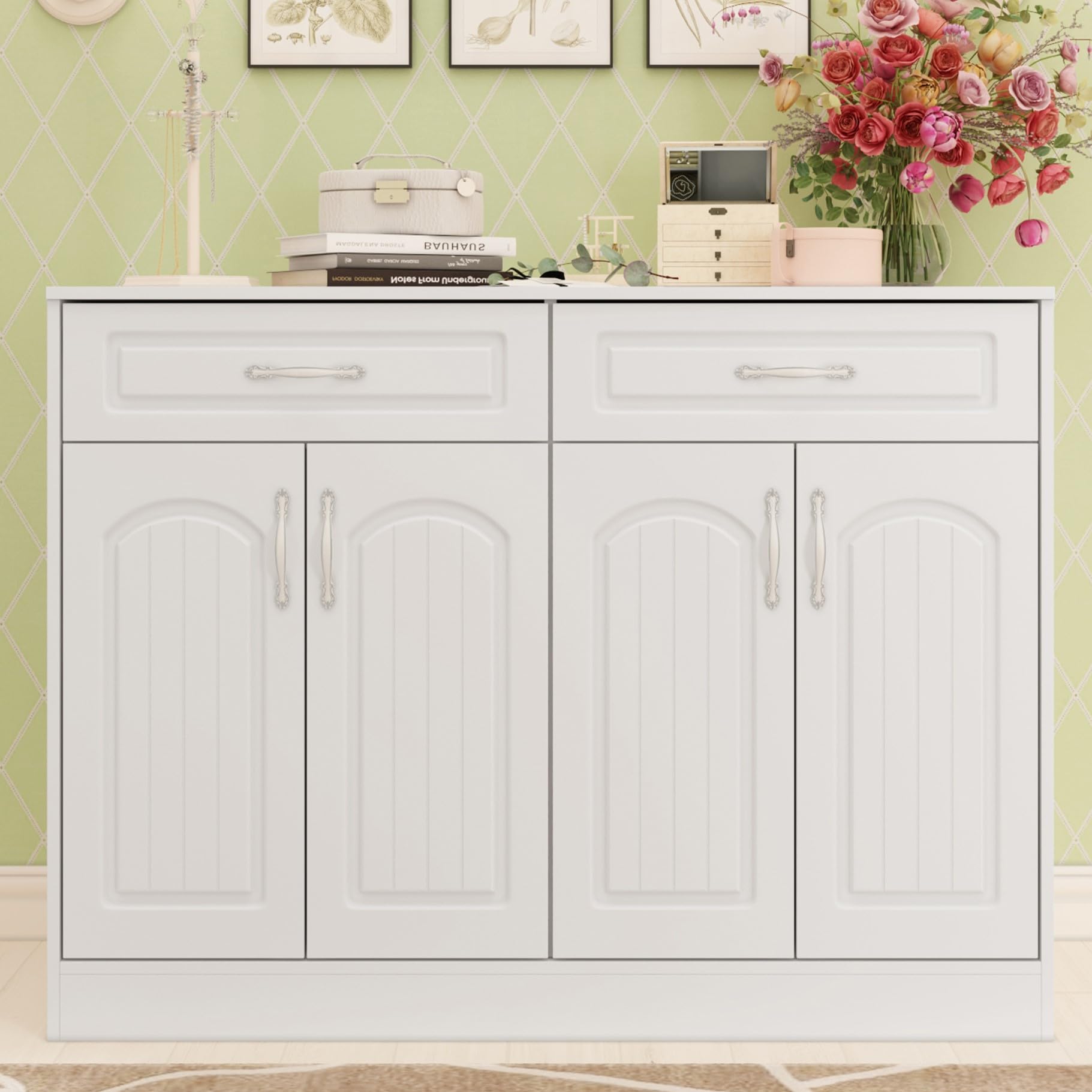 AIEGLE 4-Door 2-Drawer Shoe Storage Cabinet - Entryway Organizer for 12-18 Pairs of Shoes with Metal Handles, Freestanding Shoe Rack for Hallway, Living Room, Bedroom - White (Perfect for Small Spaces & Home Organization)