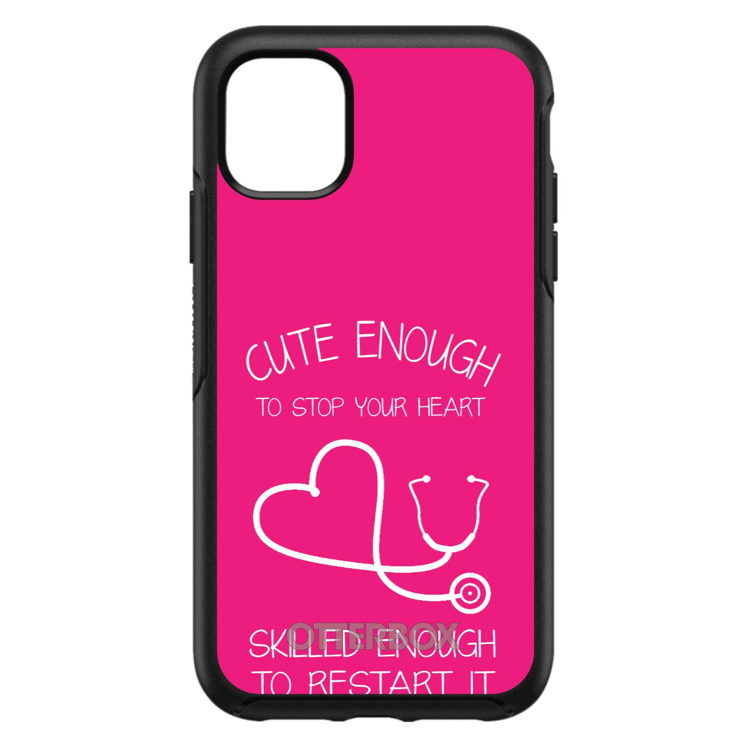 DistinctInk iPhone 11 Pro Case (5.8 Inch) - Premium Protective Phone Cover Compatible with OtterBox Symmetry - Custom Black & Hot Pink Nurse Stethoscope Heart Design - Show Support for Healthcare Workers - Perfect Gift for Nurses, Doctors & Medical Professionals